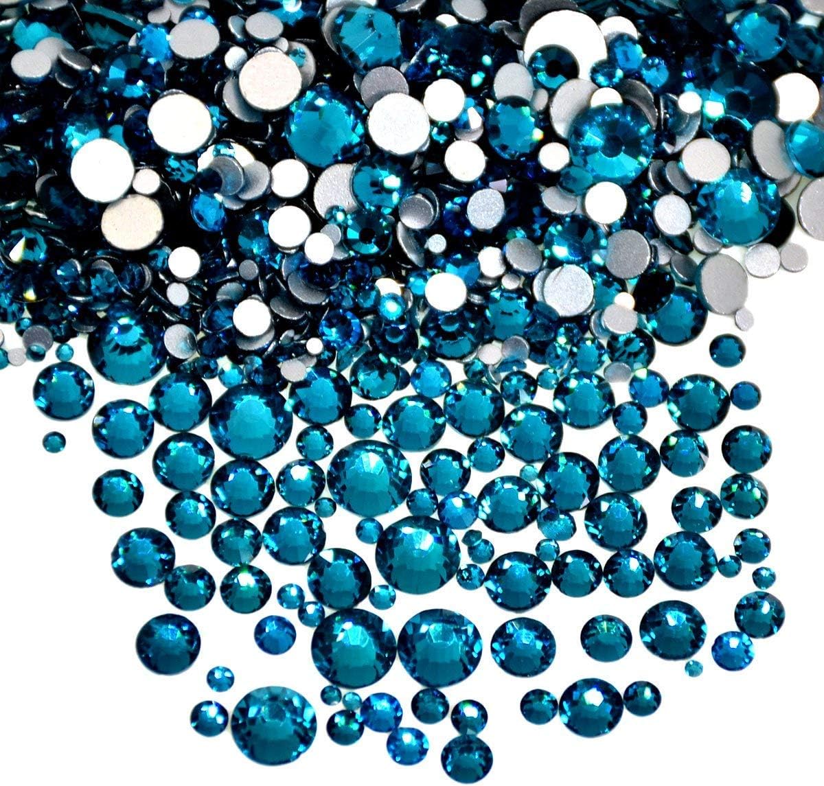 AD Beads 1440 Pieces Mixed Size No Hotfix Glue on Quality Glass Flatback Rhinestones Round Crystal Gems (08 Blue Zircon)