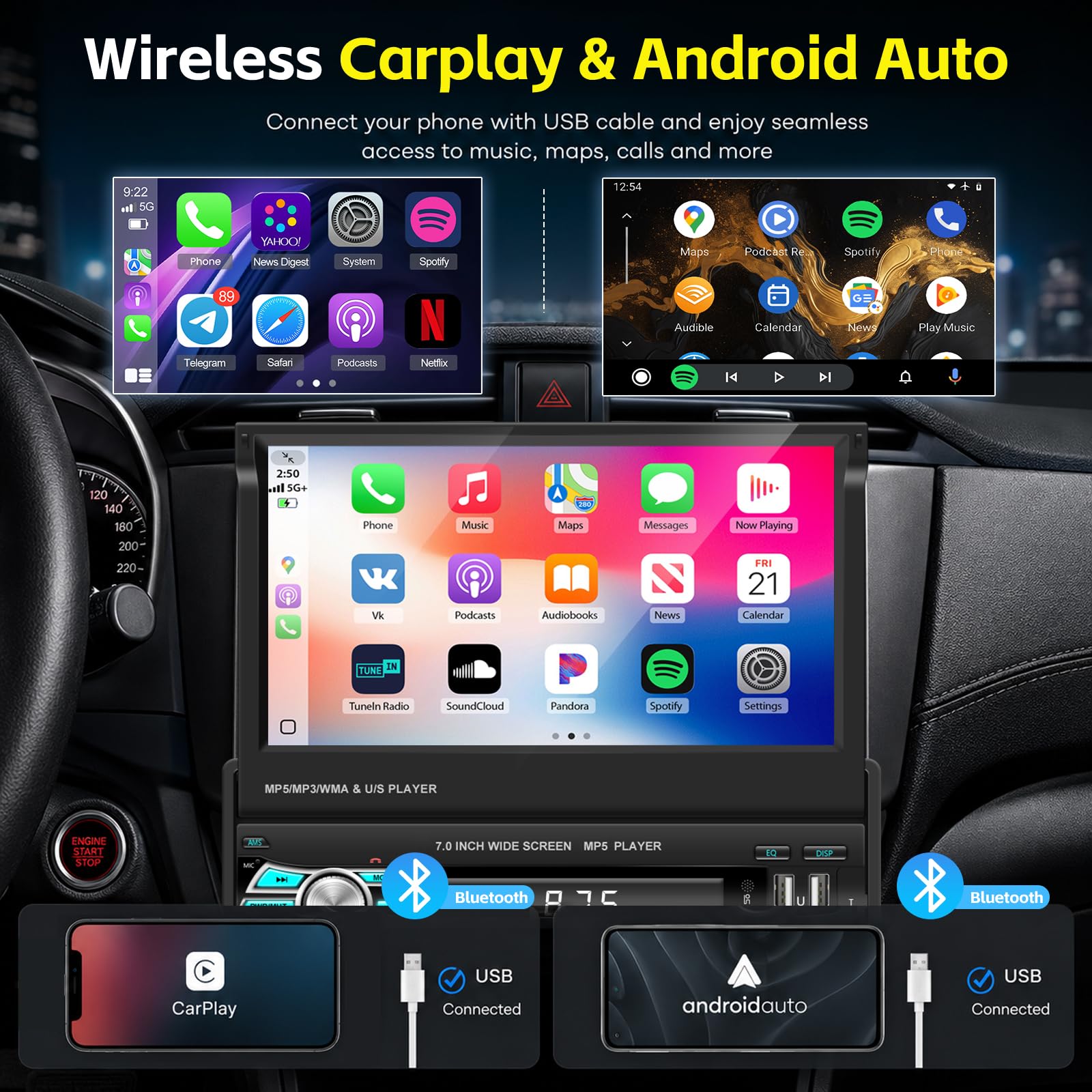 Autoradio 1 Din con Senza Fili Carplay e Android Auto
