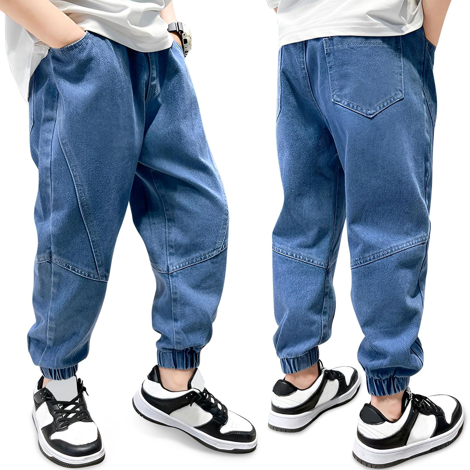 Jeans Garçon Baggy Pantalon avec Poches Loose Fit pour 6-14 Ans | Taille Élastique, Quotidien, Long Denim Jeans, avec Poches, Décontracté, Denims Mode, Casual école, Polyvalent, Ado Pantalons