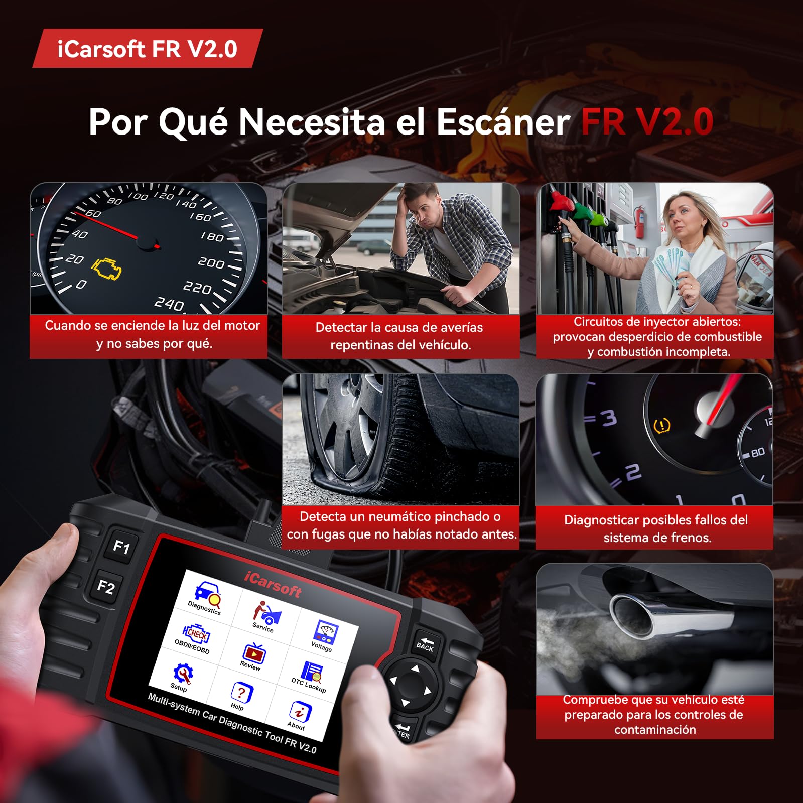 iCarsoft FR V2.0 OBD2 Máquina Diagnosis Coche para Renault/Citroen/Peugeot/Fiat/Dacia/Alfa Romeo, Escáner de Todo el Sistema, 9 Funciones Reinicio, Prueba de Batería, Actualización de por Vida