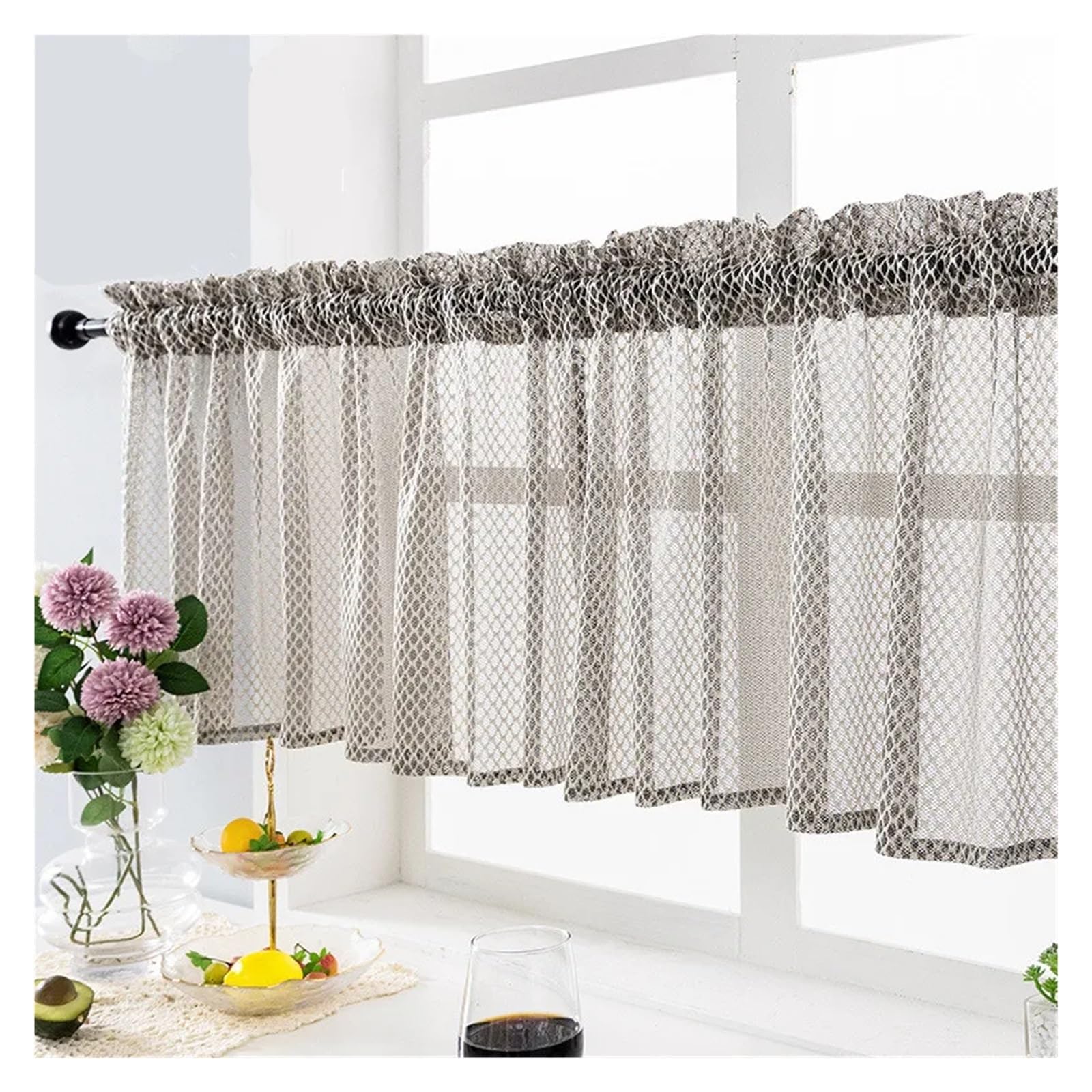 MKYYIOED Short Curtains Pastoral Style Small Fresh Kitchen Coffee Curtain Pole Blue Lace Short Finished Product(Khaki,ROD POCKET_W74XH41CM)