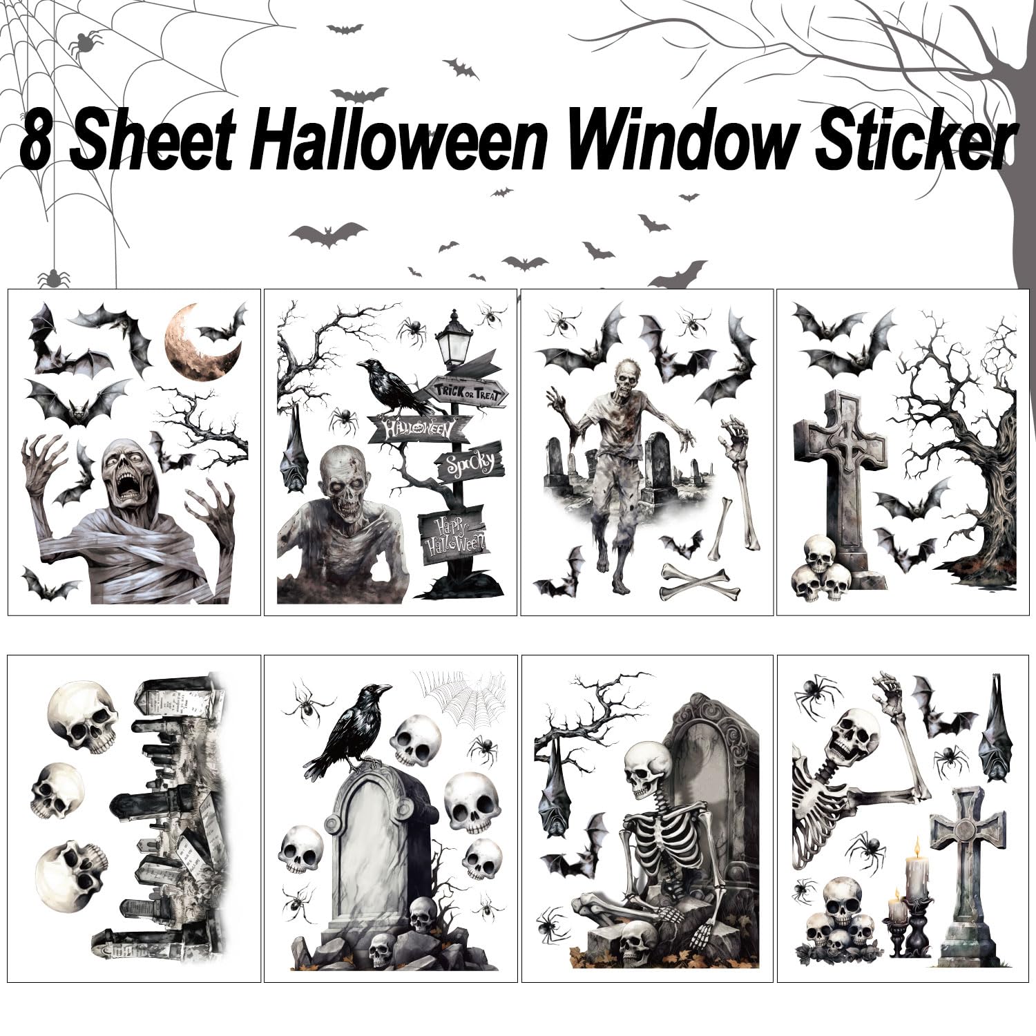 Halloween Fensteraufkleber Set – 8 Blatt Mit Skelett, Fledermaus & Kürbis, Wiederverwendbar