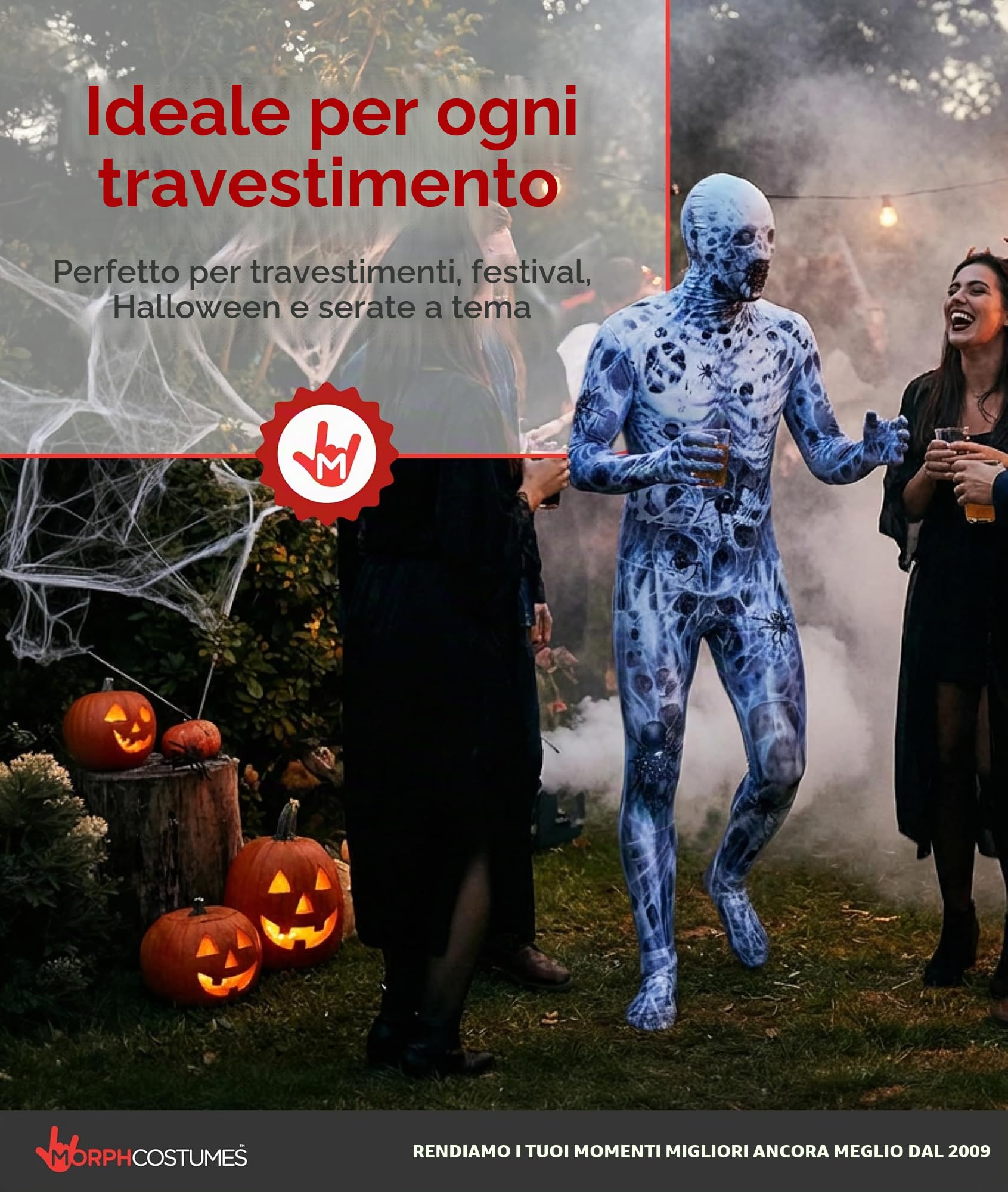 Morphsuit, costume da mostro, motivo: teschio e ossa