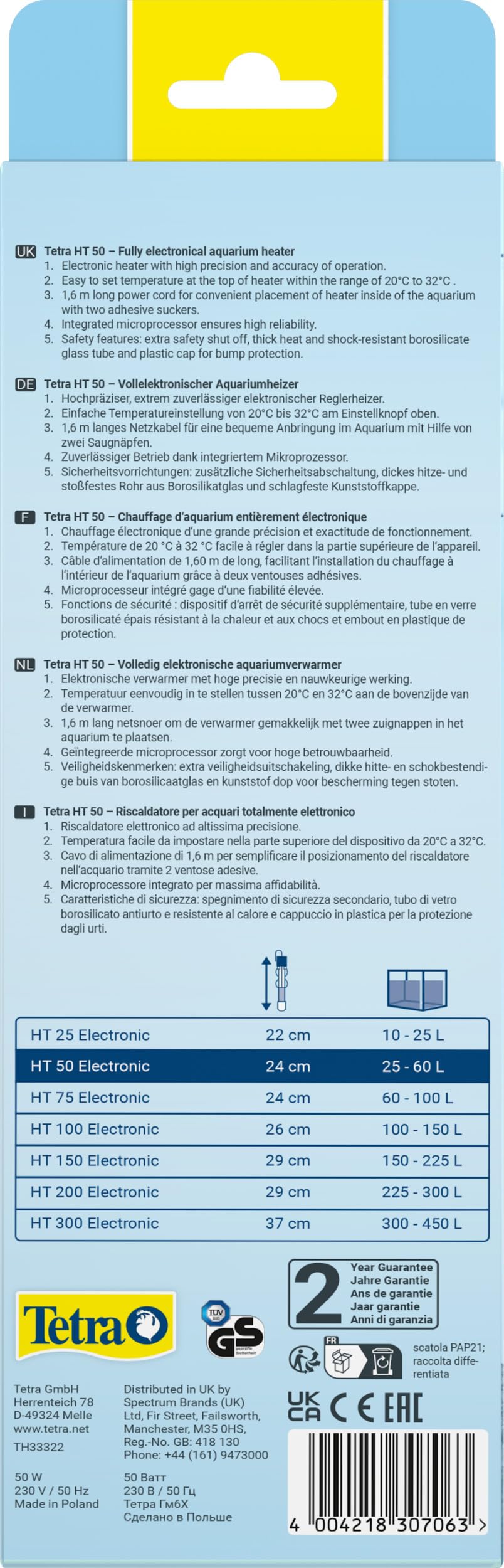 Tetra HT 50 - Potente Calentador de Acuario para acuarios de 25-60 L para Cubrir Diferentes Niveles de Potencia con el Mando de Ajuste de Temperatura