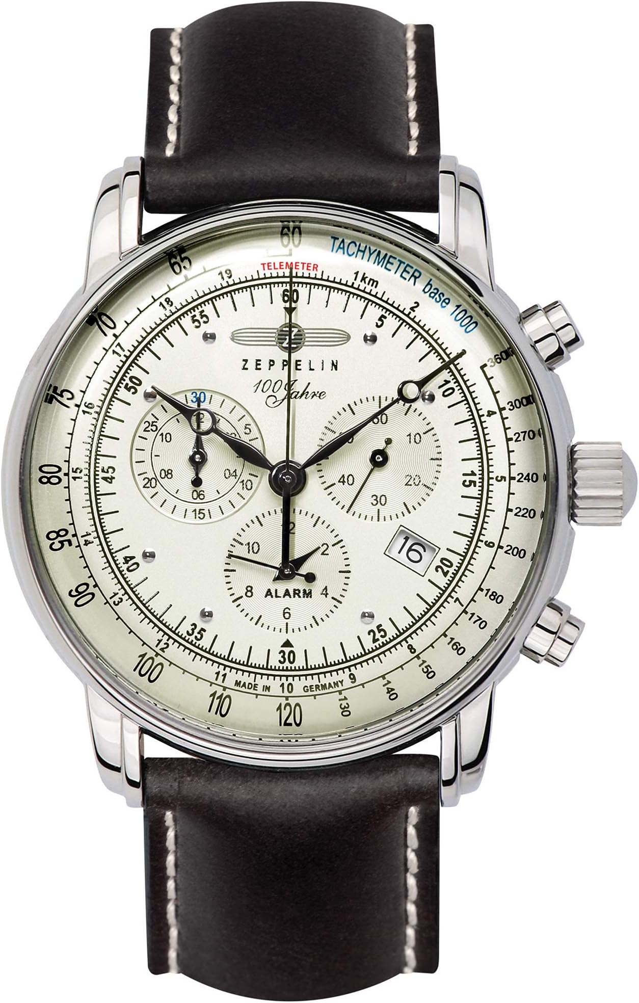 Uhr 100 Jahre Chronograph Alarm Leuchtblatt 8680, White, Standard Size, Strap.