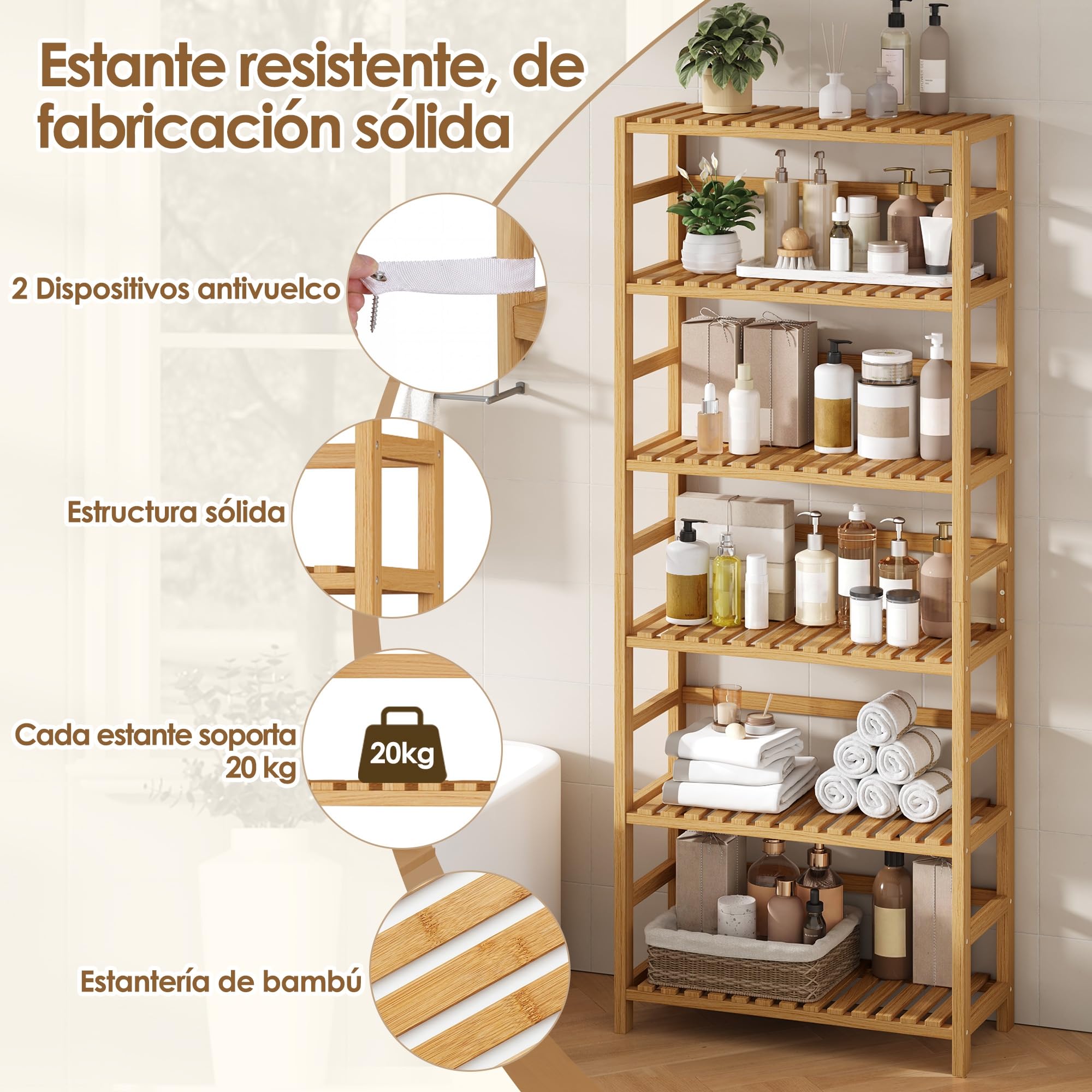 FOREHILL Estantería Bambú Baño de 6 Niveles, Estanterías Almacenaje Cocina | Eestantería Baño, Estantería de Almacenamiento, para Espacios Estrechos, 11 Posiciones Ajustables, Natural/Blanco 60x26x161cm
