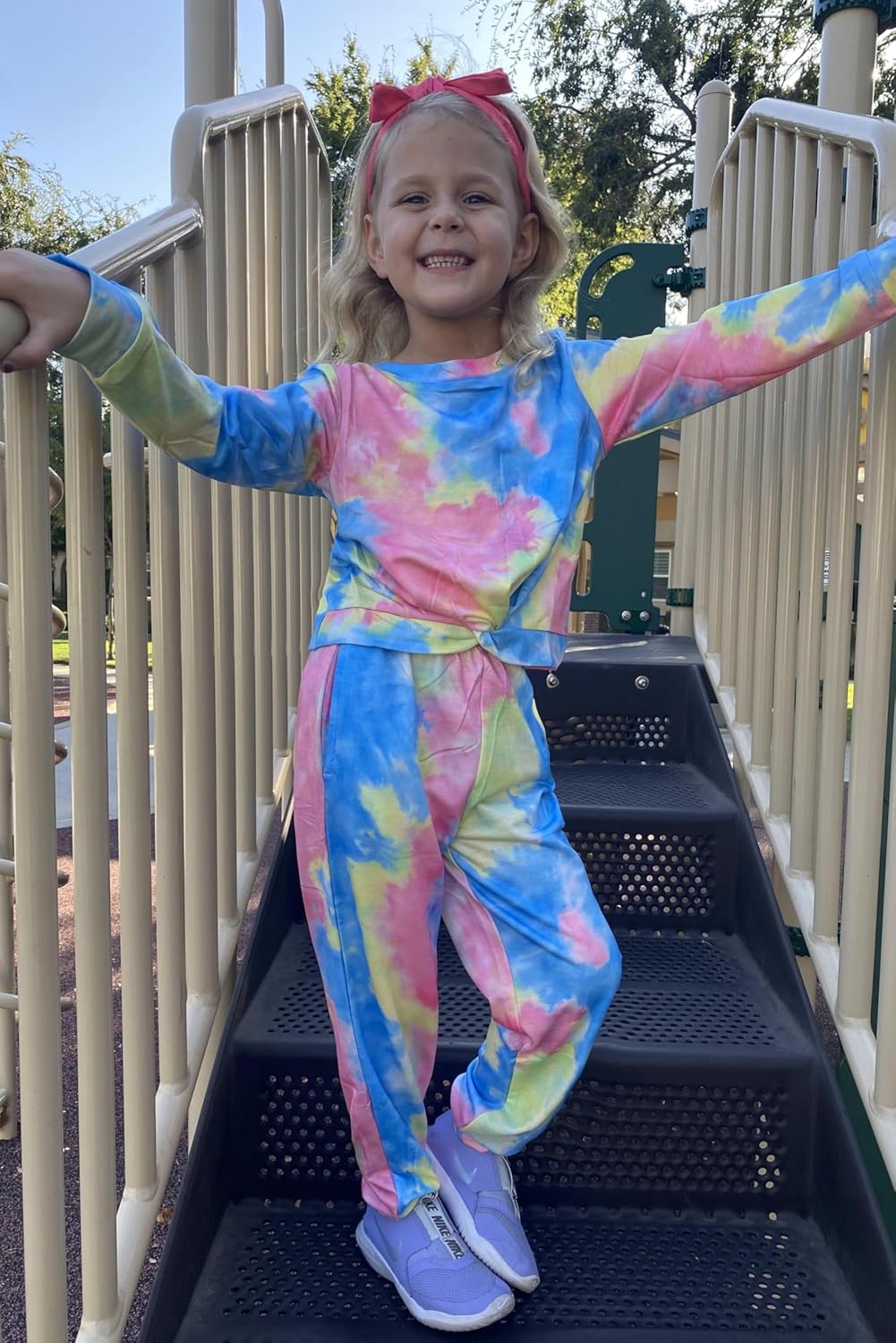 Arshiner Toddler Girl Clothes 2 Piece Outfits Fashion Twist Front Long Sleeve Sweatshirts and Sweatpants Sweatsuit Sets 10-11 Years Pink&blue&yellow image 8 of 8 B0C4YHM69P