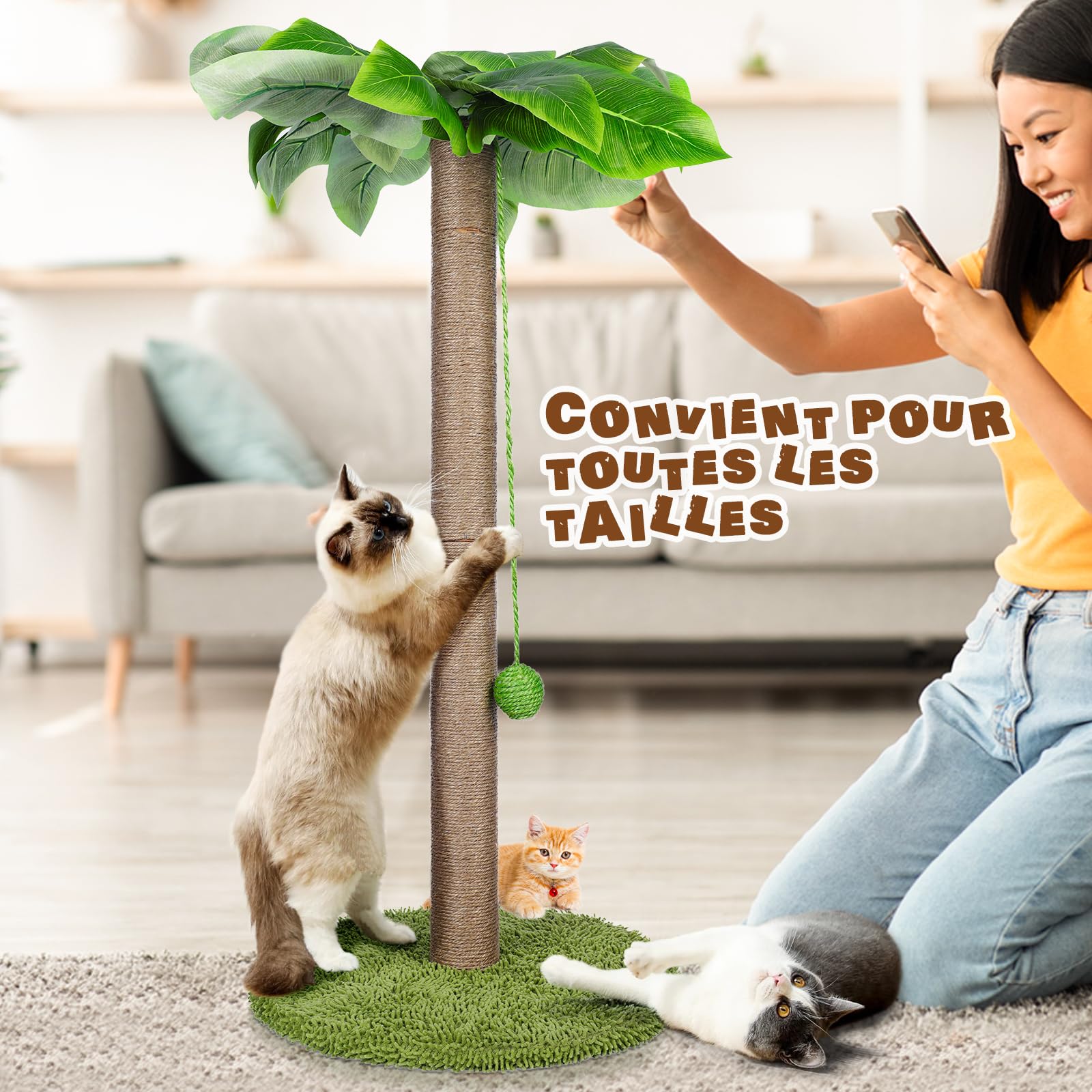 Masthome Griffoir pour Chats, 85 Cm Poteau Chat, Colonne en Sisal Naturel et Base de Couverture en Moquette Douce avec Boule Suspendue, Griffoir pour Chats de Tous âGes - Vert