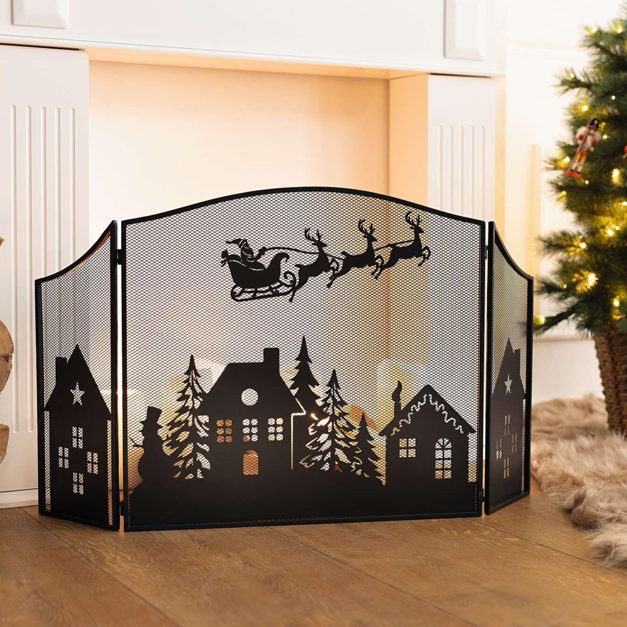 Dekoleidenschaft - Grille de protection pour cheminée Noël 3 pièces - Protection contre les étincelles en métal, noir, avec motif de Noël, grille de protection contre les étincelles autoportante