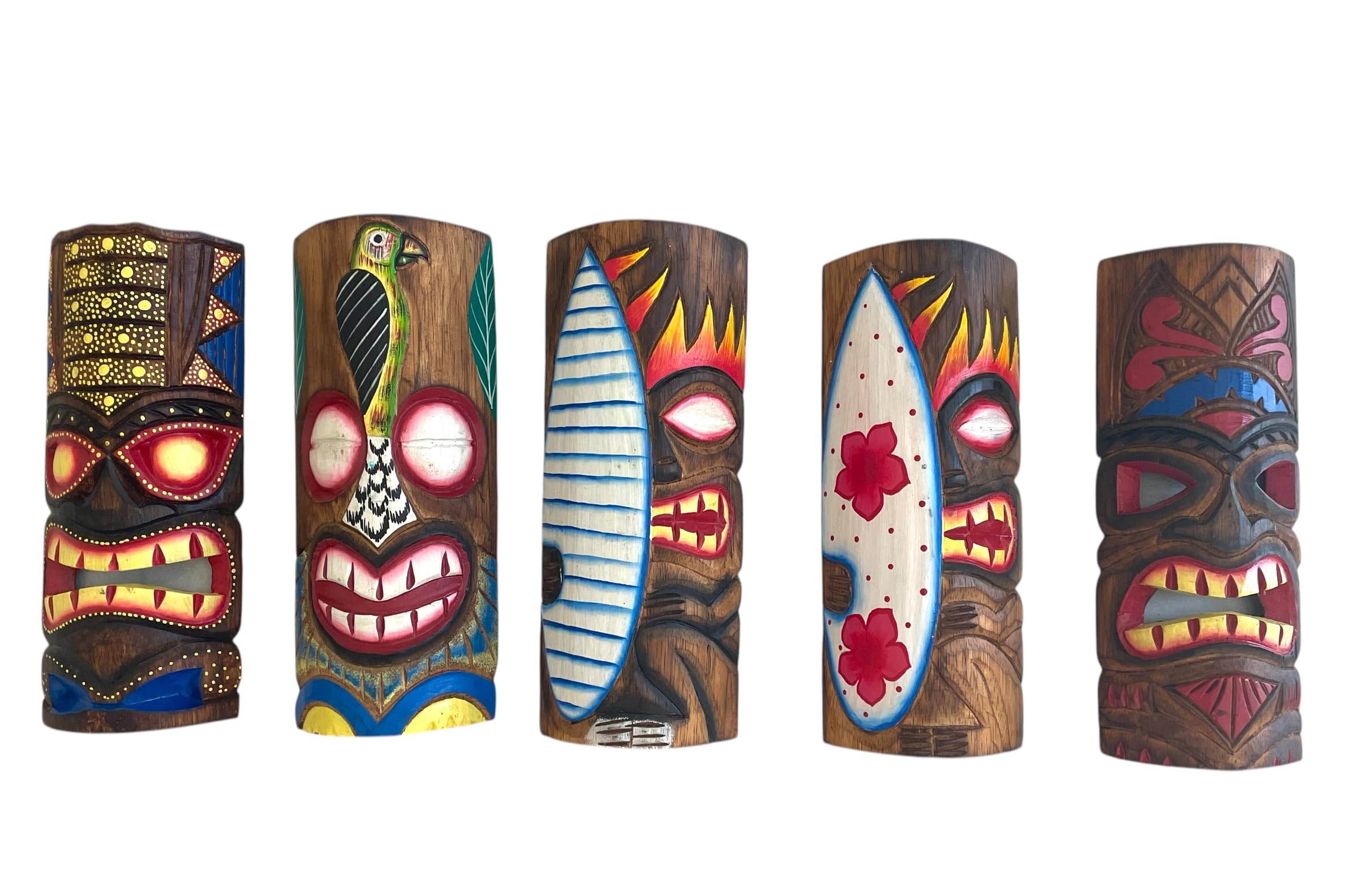 SET OF 5 HAND CARVED POLYNESIAN HAWAIIAN TIKI STYLE MASKS 12 IN TALL turtle pineapple colorful flower parrot