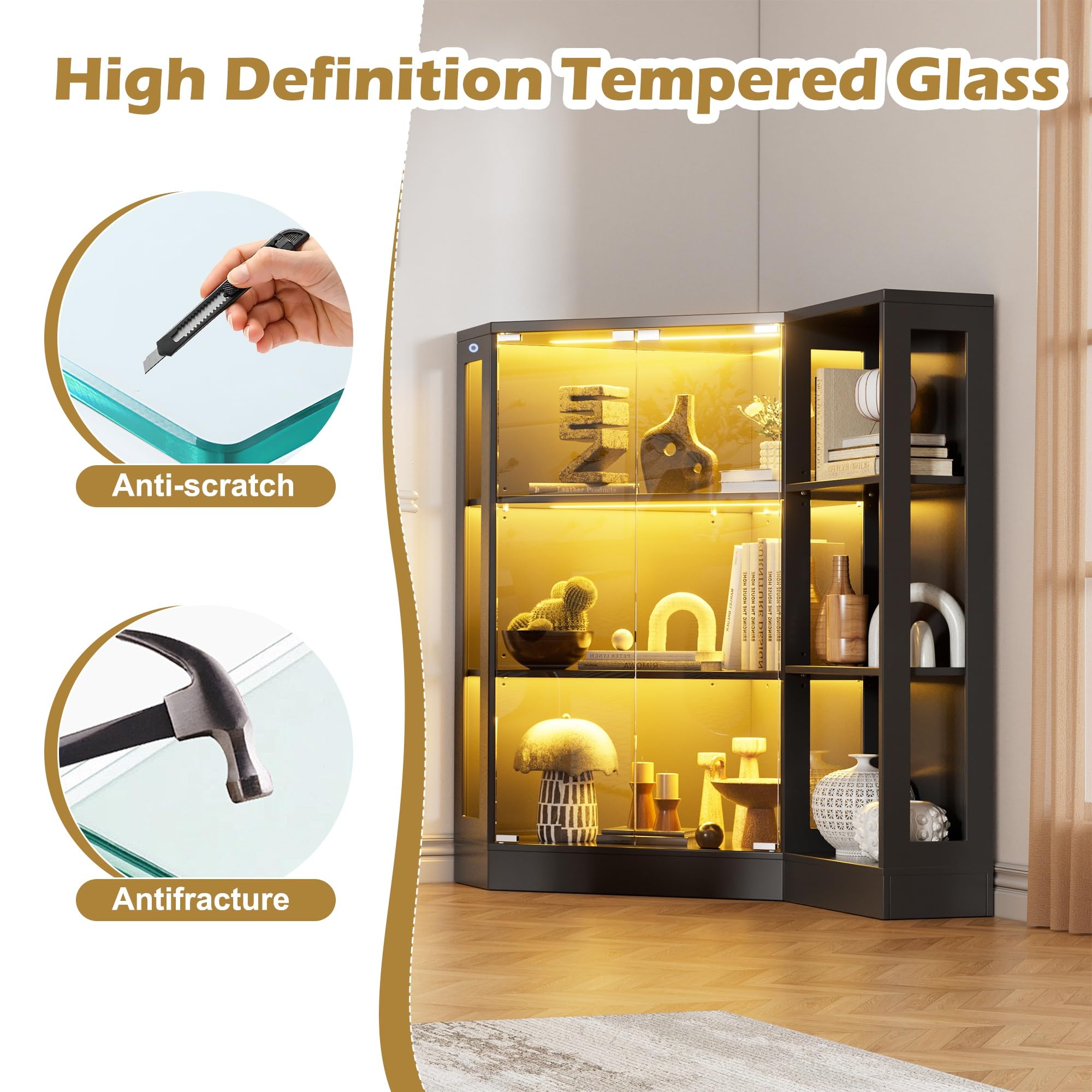 MSFE Vitrine en Verre avec LED, Armoire Vitrine pour Collection avec Capteur Intelligent, 2 Porte 6 étagères, Multifonction Meuble Vitrines LED Salon, Chambre, Entrée, 100x116.5x60 cm, Noir