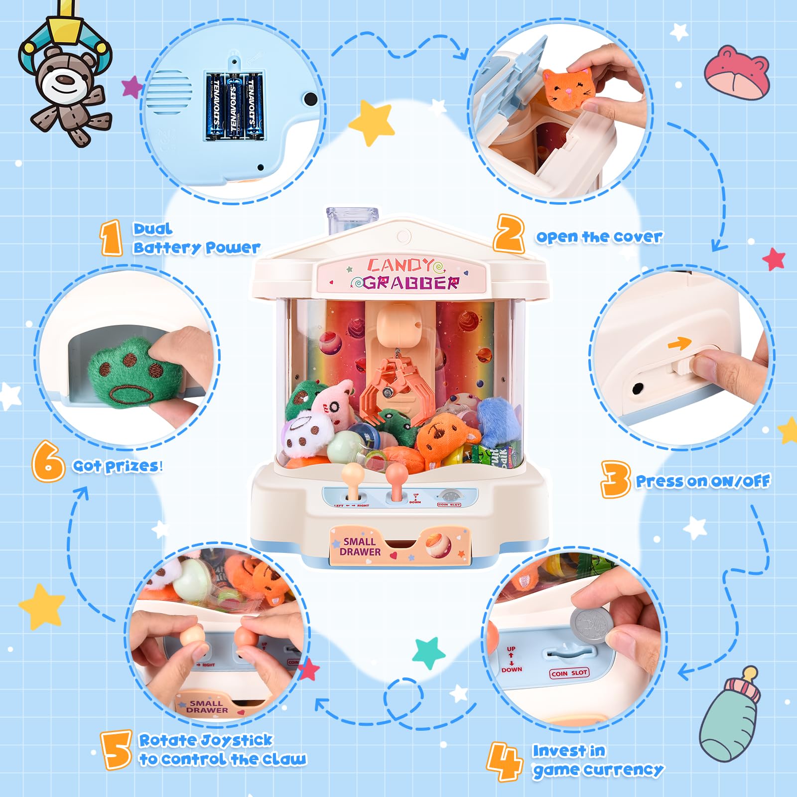 JONRRYIN Macchina ad Artiglio per Bambini, Grabber Caramelle Machine per Bambini con Musica, Macchina Giocattolo Artiglio con 15 Bambole, 20 Valuta di Gioco per Ragazzi e Ragazze