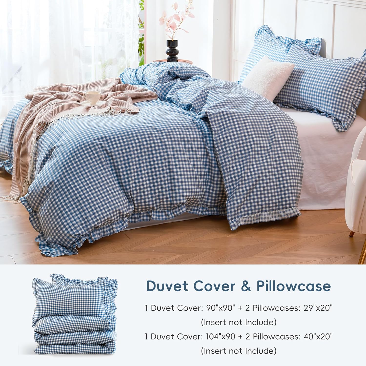 100% Cotton Ruffle Gingham Duvet Cover Blue White Classic Checkered Soft Breathable Vintage 3 Piece Bedding Set with Pillowcases for All Season Queen Size 90"x90" (Comforter Not Included)