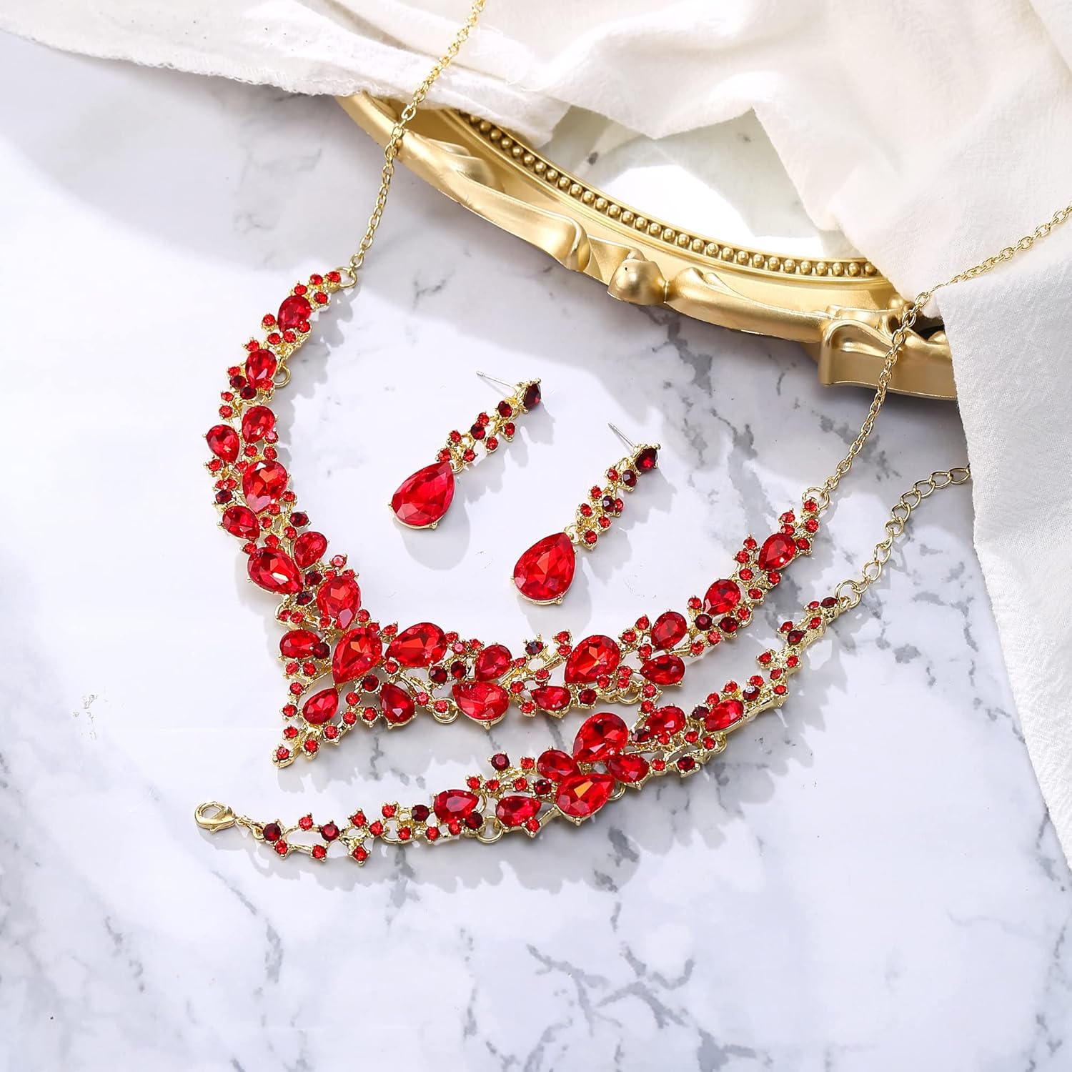 BriLove Wedding Bridal Jewelery for Women Austrian Crystal Teardrop Cluster Statement Necklace Dangle Earrings Link Bracelet Set
