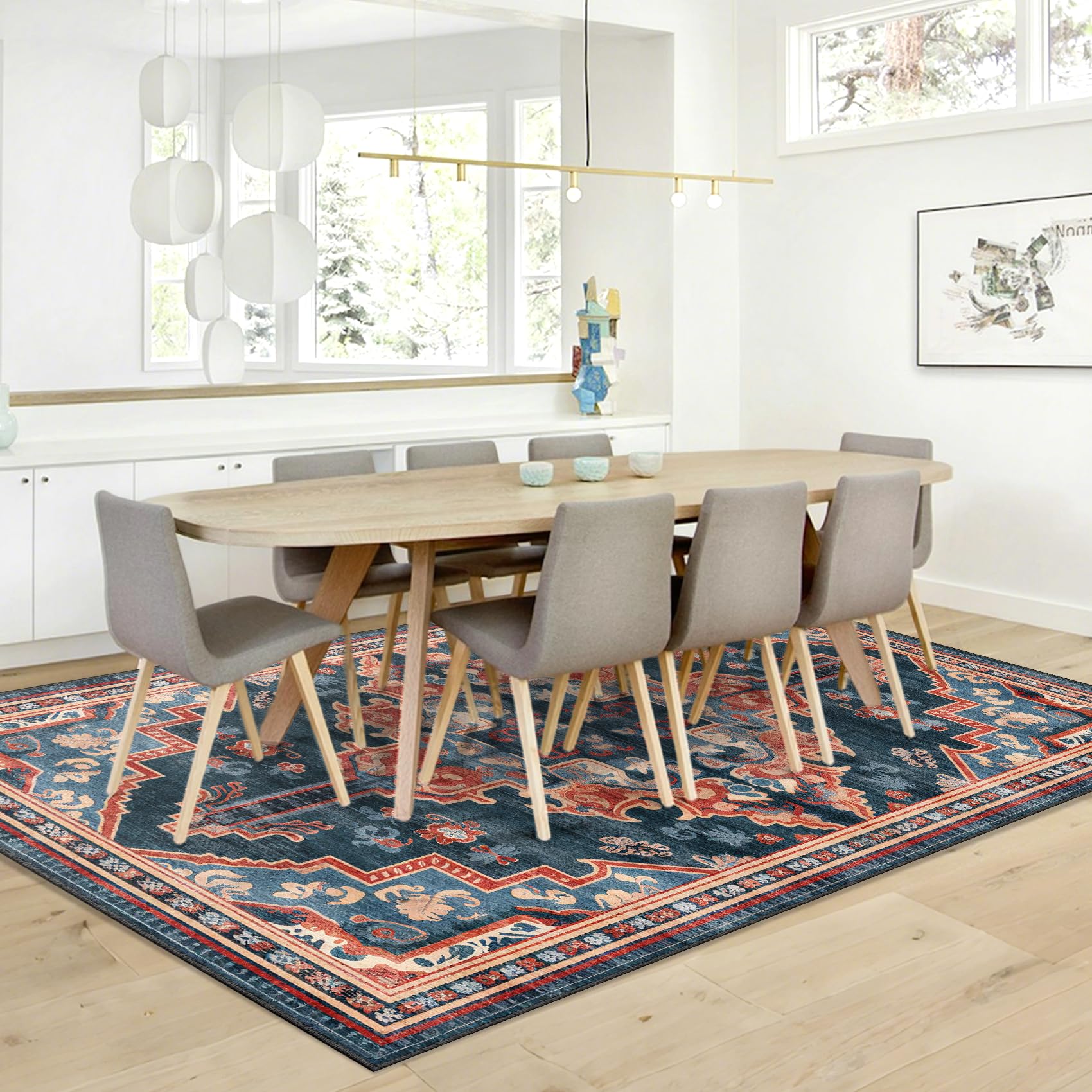 Tappeto per soggiorno, 120 x 180 cm, tappeto da comodino, cucina, antiscivolo, lavabile, per decorare la casa, camera da letto, dormitorio, camera dei bambini, salotto, ufficio, blu scuro, arancione