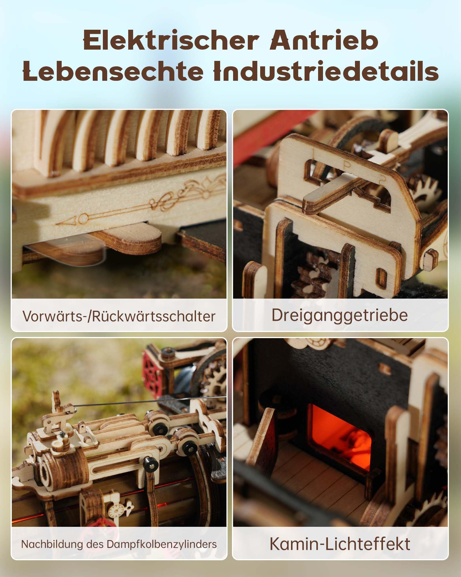 ROKR Holzmodelle bausätze Erwachsene 3D Puzzle Holz Zug, Automodellbausätze Mechanisch, Dampflokomotive Holzpuzzle, Steam Engine, LKA01