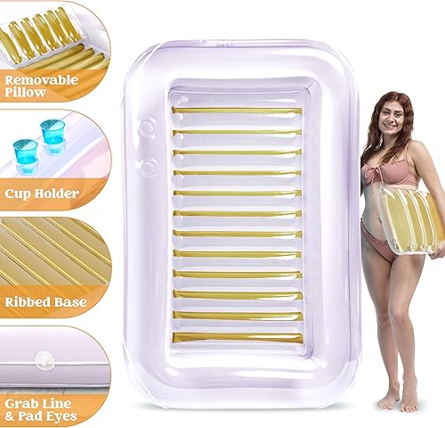 Miniatura 6 de Sloosh Flotador inflable de bronceado para piscina, flotador de balsa de 70 x 46 pulgadas, piscina de bronceado con almohada, tumbona personal para