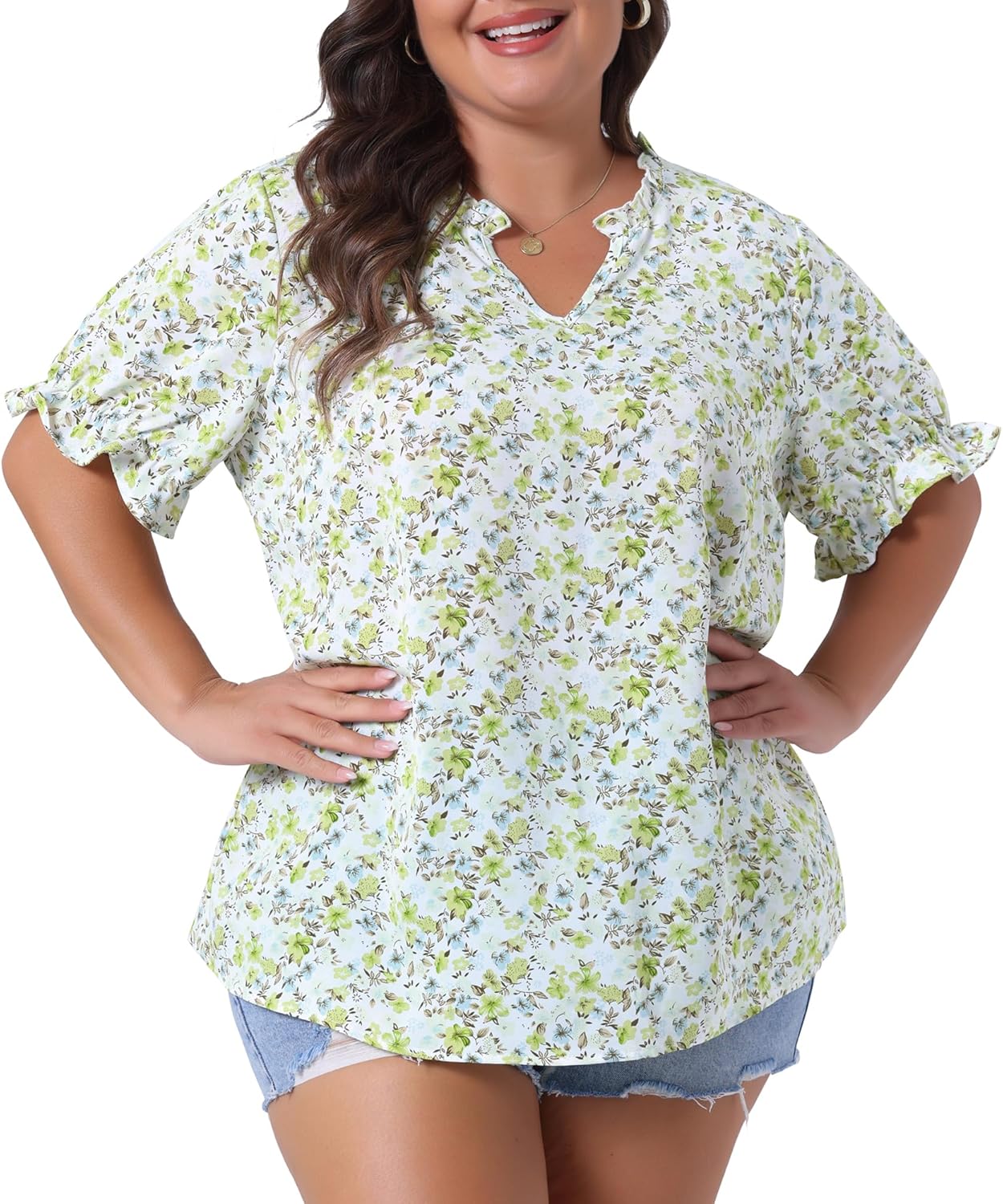 Agnes Orinda Plus Size Summer Tops for Women Floral V Neck Ruffle Puff Short Sleeve Casual Blouse Top
