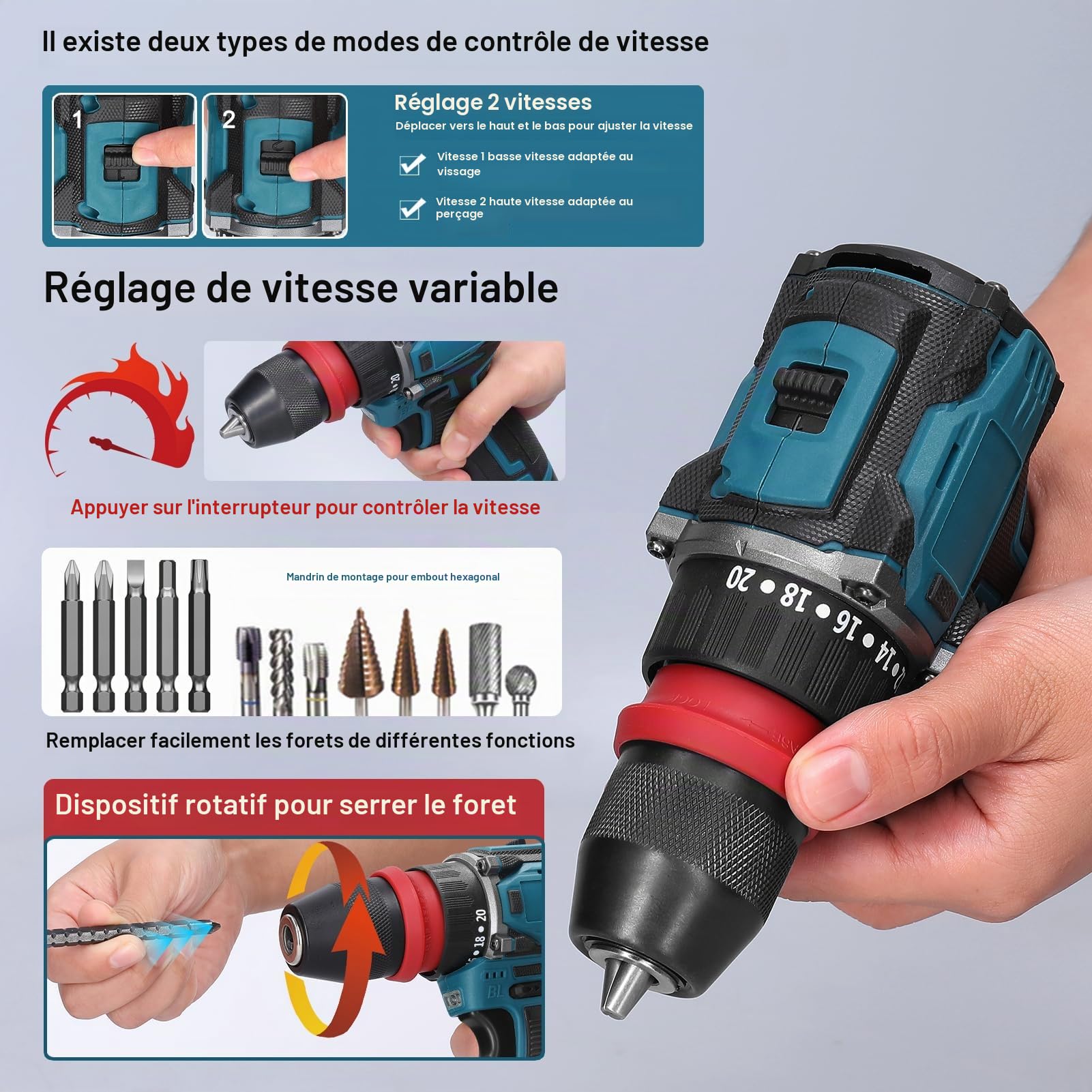 Weytoll Perceuse-visseuse sans fil 18 V, deux batteries 1300 mAh, couple max 45 Nm, 23 + 1 niveaux de couple, 2 vitesses, lampe de travail LED pour réparation et bricolage
