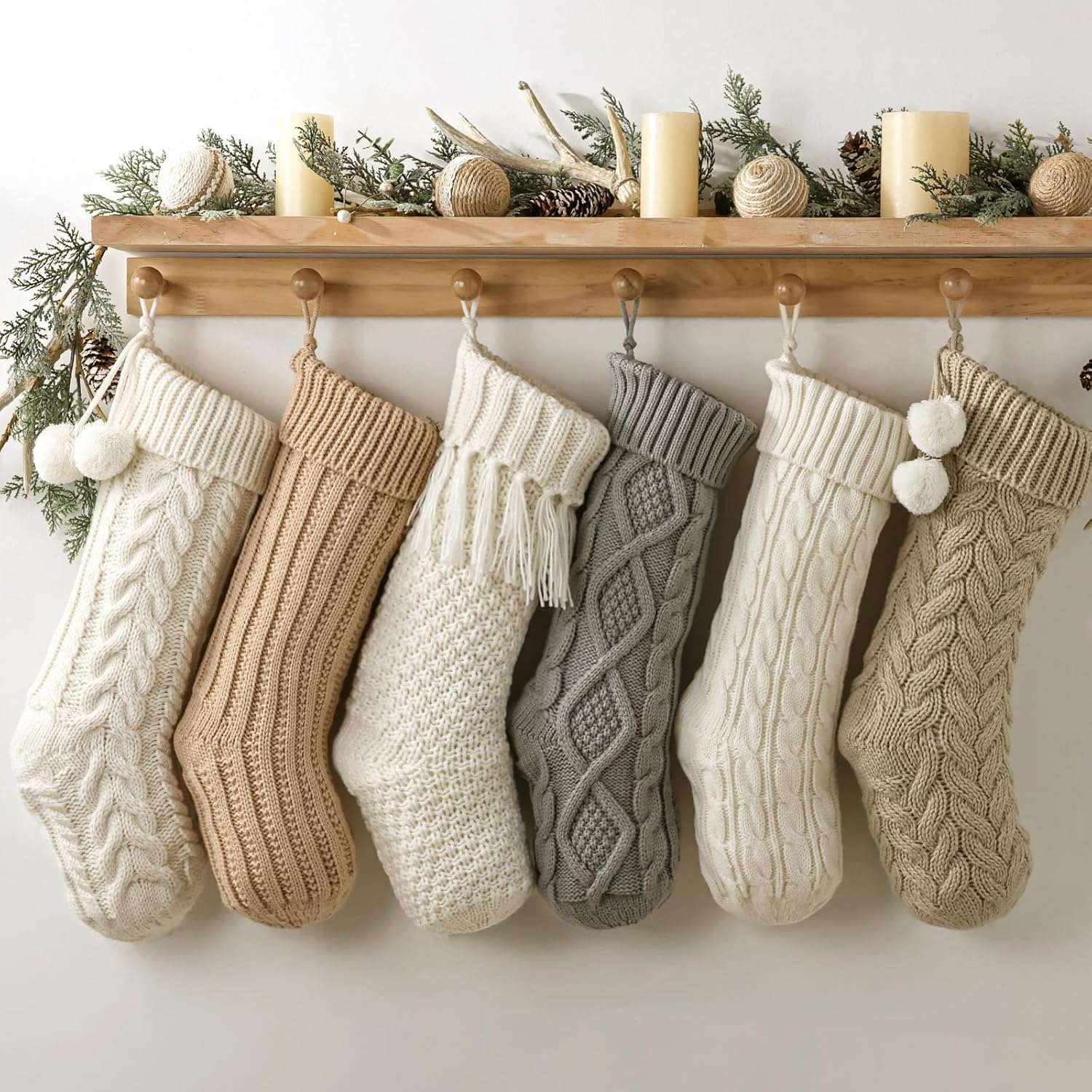 Rustic Knitted Personalized Christmas Stockings: 6 Pack 18 inch Cable Knit Patterns Stockings, Farmhouse Cozy Hanging Xmas Stockings Stocking Decorations for Family Holiday Decor, White Gray Beige - Image 4