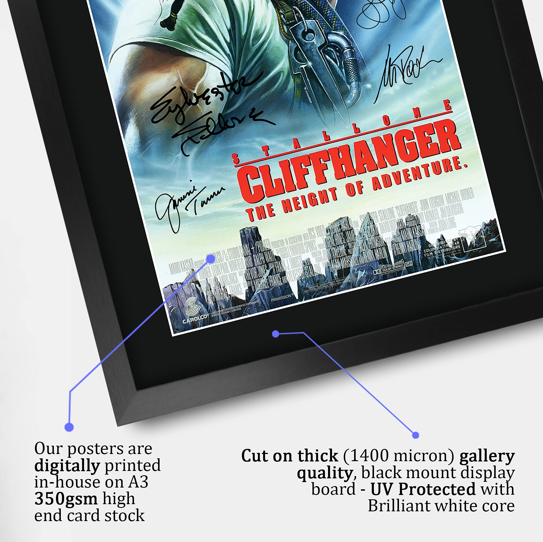 HWC Trading FR A3 Cliffhanger Sylvester Stallone Gifts Gedrucktes Poster, signiertes Autogramm, Bild für Film-Fans, A3 gerahmt