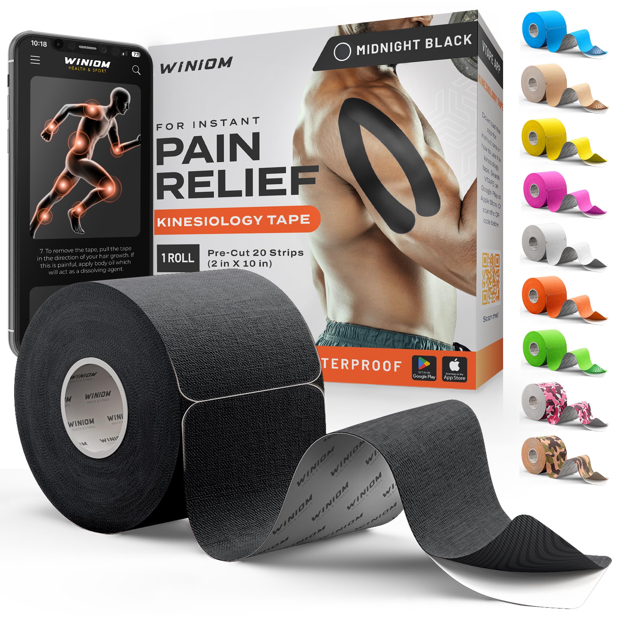 Kinesiology Tape - Waterproof Athletic Sports Tape for Knee, Shoulder, Arm &amp; Back Support | 3-5 Day Adhesion, Hypoallergenic &amp; Latex-Free + Taping Guide (Precut, 2"x16.4ft Roll, Midnight Black)