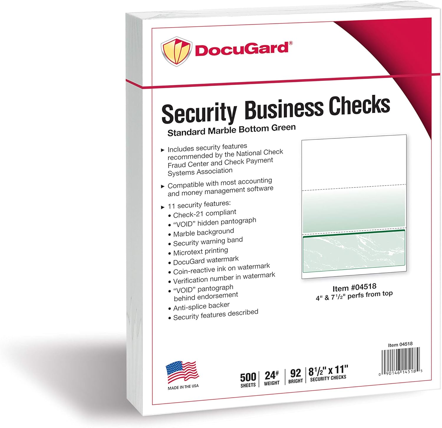 DocuGard Standard Green Marble Bottom High Security Check Paper - QuickBooks & Laser/Inkjet Printer Compatible - 11 Security Features - 500 Blank Business Checks (04518)