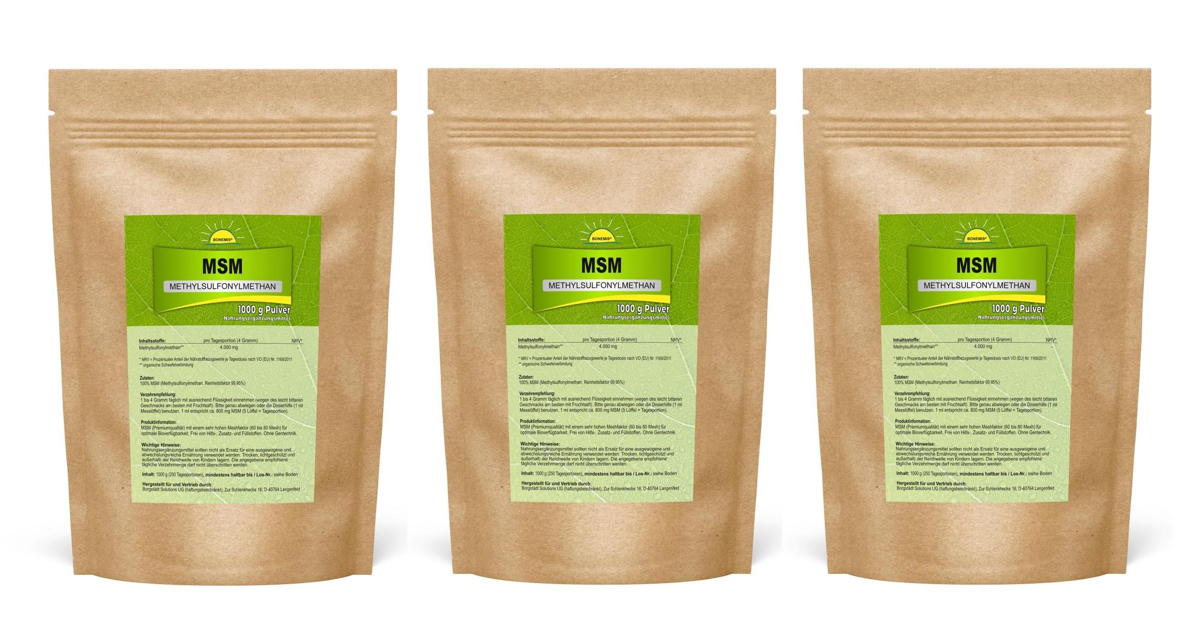 Premium MSM Pulver, 3 kg (3 Beutel à 1 kg), 99,96% Reinheitsgrad, 60-80 Mesh, ohne Siliziumdioxid, ohne DMSO-Rückstände