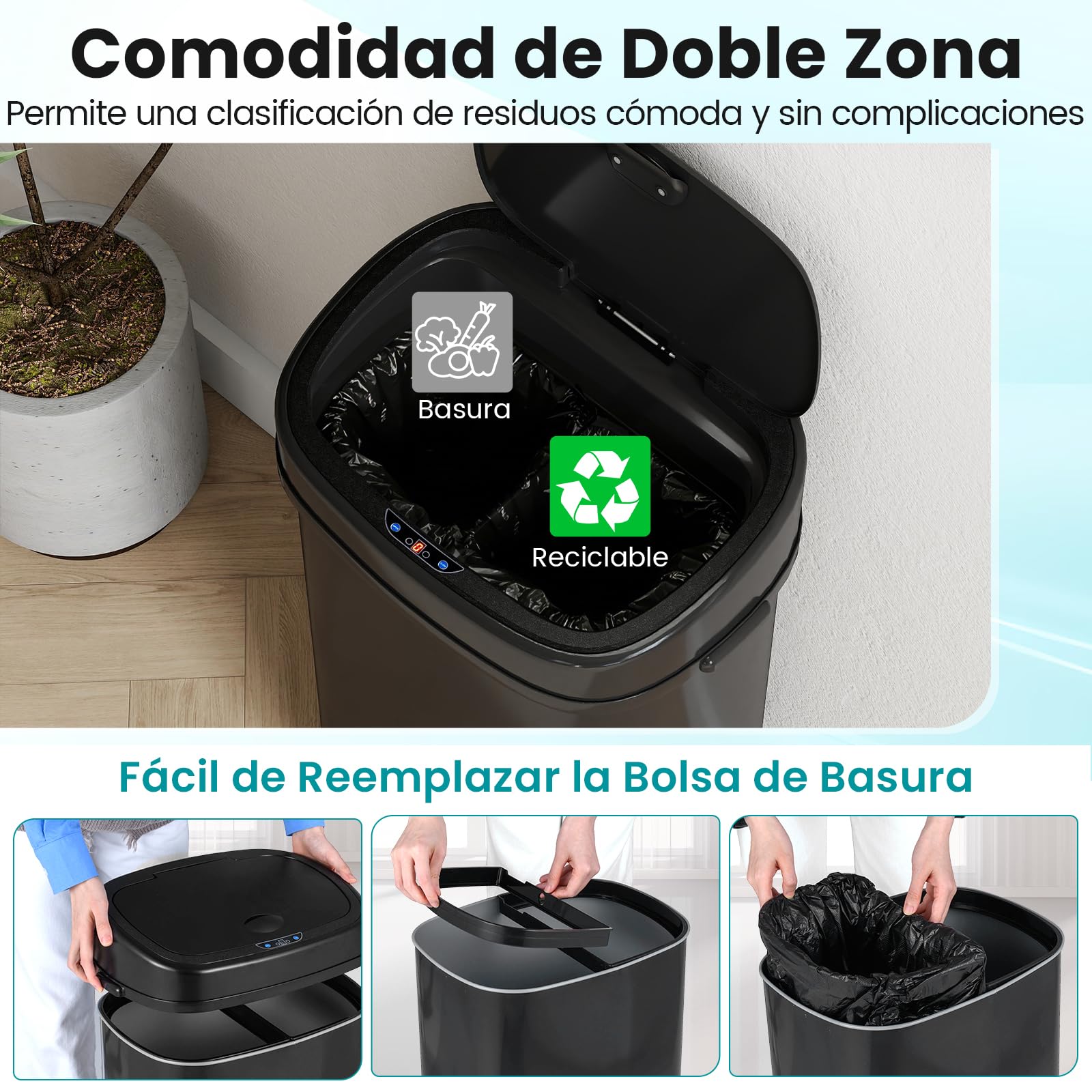 COSTWAY Cubo de Basura Automático 58L, Papelera Cocina de Reciclaje Inteligente con 2 Compartimentos, Tapa que se Mantiene Abierta y Cierre Suave, Cubos Basura con Sensor para Cocina, Negro
