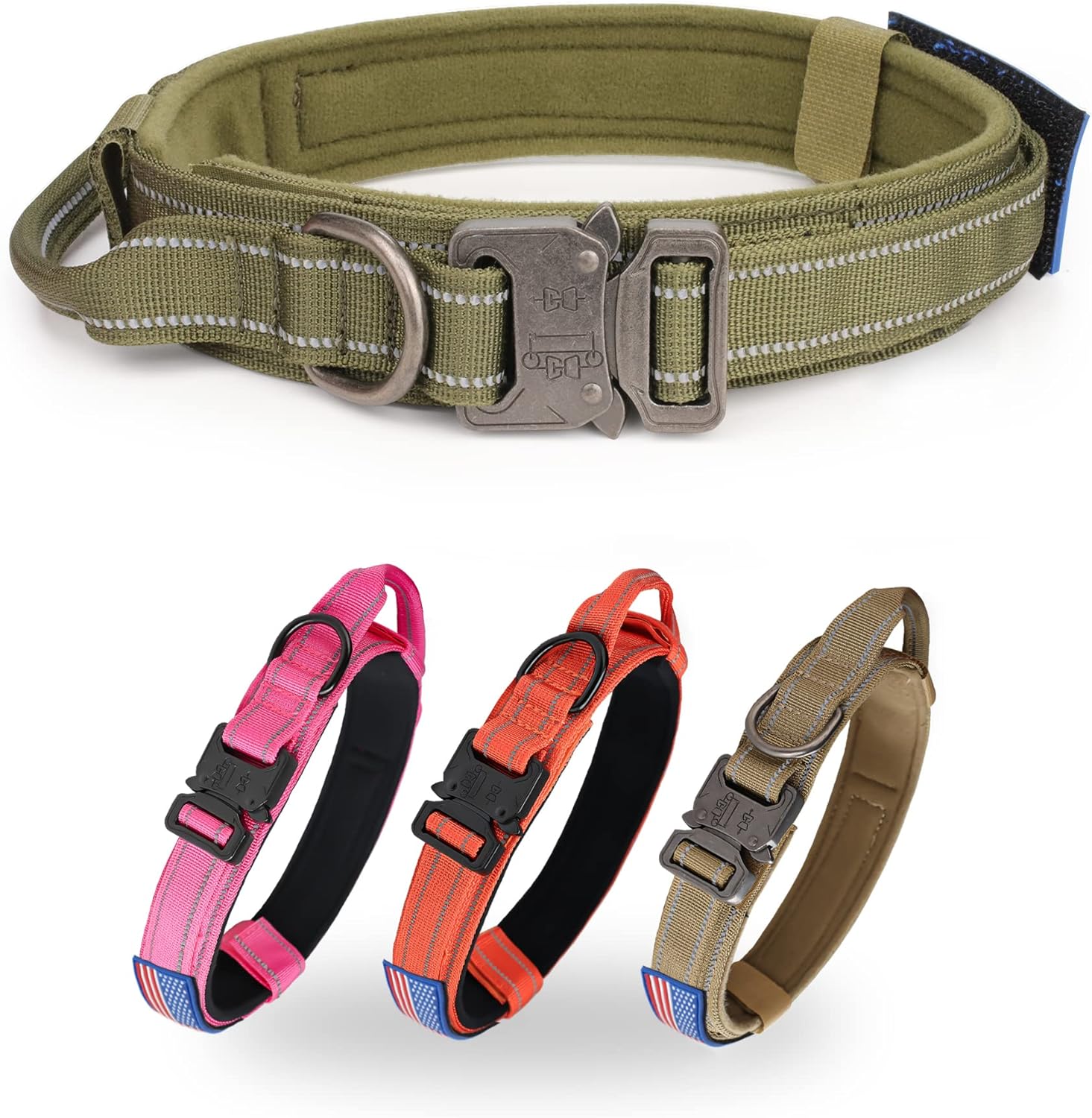 KCUCOP Tactical Dog Collar with Handle,Adjustable Military Dog Collar with Metal Buckle and Patches,Heavy Duty Dog Collars for Medium and Large Dogs (Green-L-Reflective) L Reflective-Green