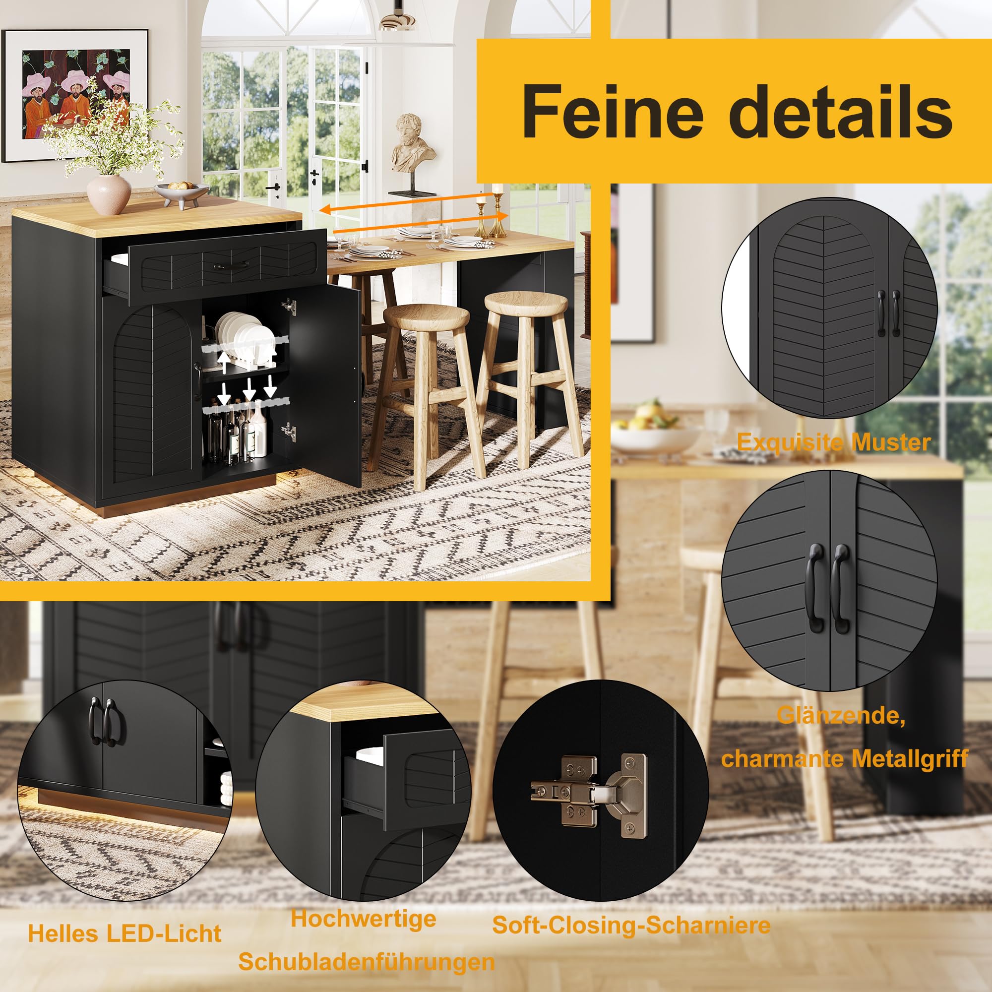 Îlot de cuisine extensible autoportant, avec plan de travail, armoire de cuisine avec LED, armoire de buffet avec table extensible, armoire de bar avec 2 tiroirs et 4 portes, îlot de cuisine