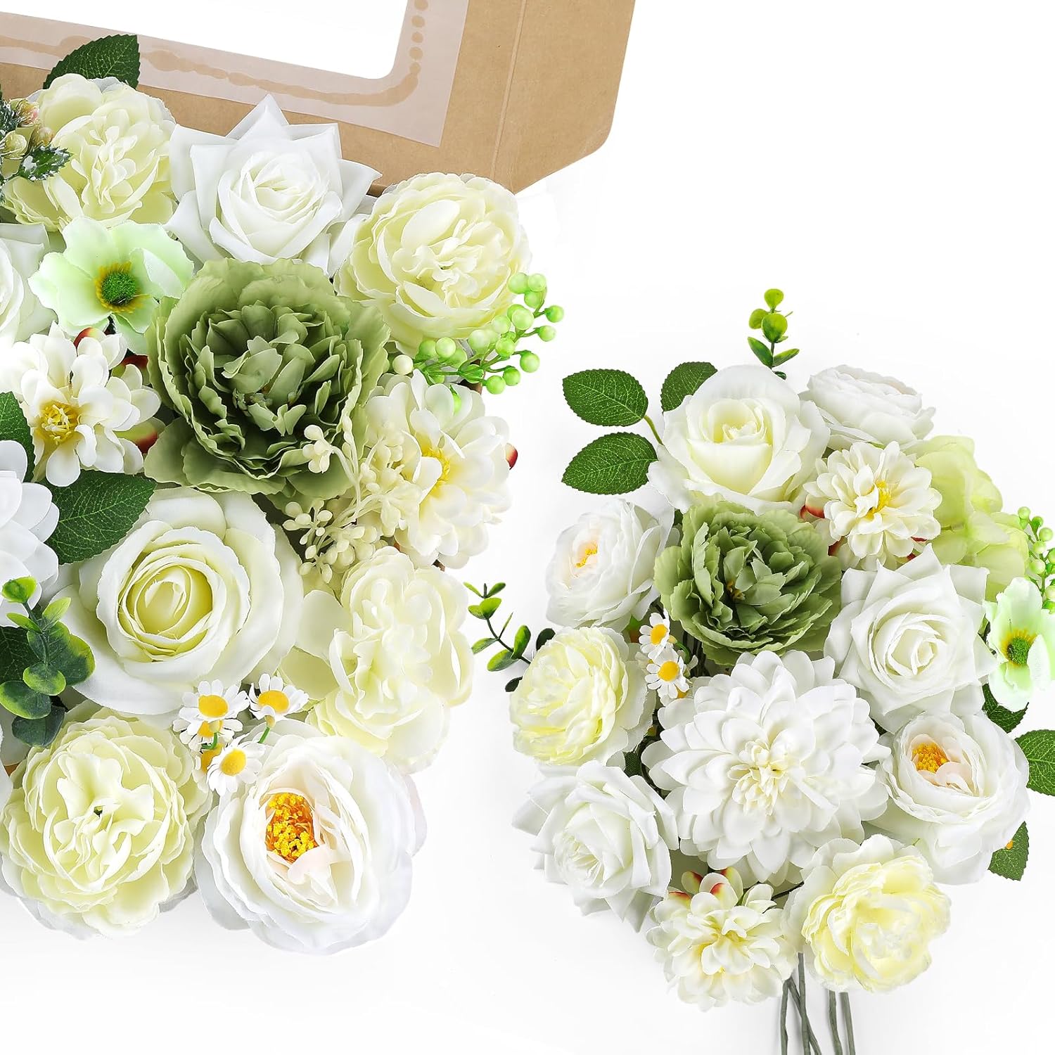 AmyHomie Green White Artificial Flowers Combo Silk Mix Peony Rose Fake Flowers w/Stem for DIY Wedding Bouquets Centerpieces Arrangements Table Fall Decor Party Bridal Baby Shower Home Decorations - Image 7