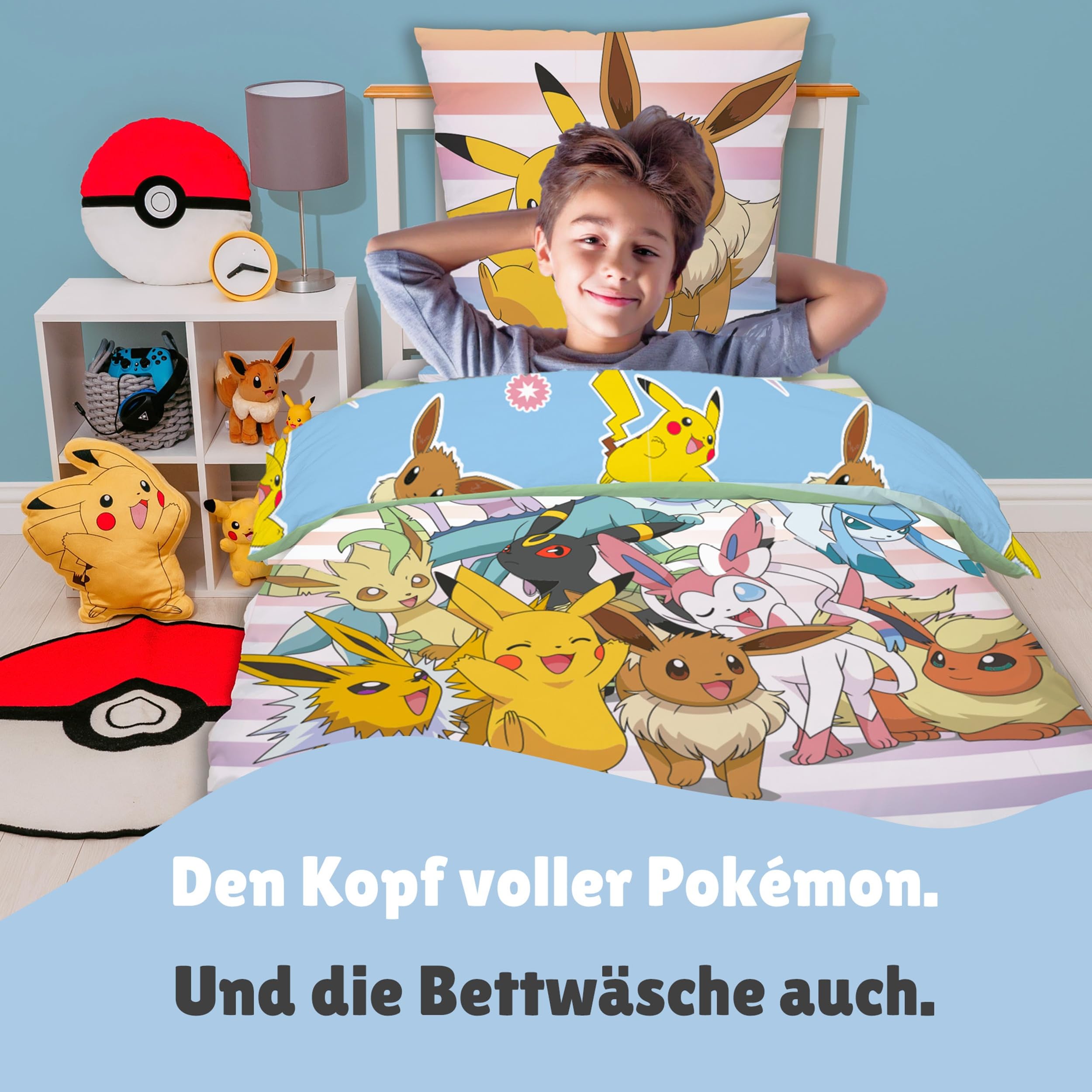 Familando – Pokémon Bettwäsche Set (2-teilig) – Decken- & Kissenbezug 135x200 cm & 80x80 cm mit Reißverschluss – Wendemotiv mit Pikachu & Evoli – 100% Baumwolle – Farbecht & pflegeleicht - Öko-Tex