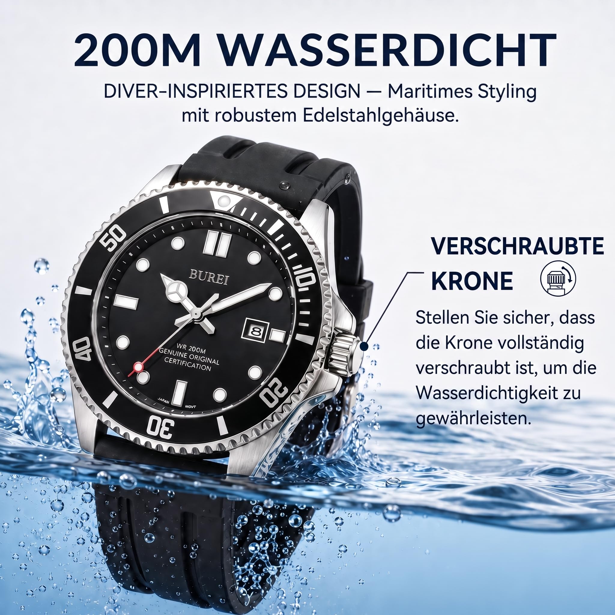 BUREI Ultradünne Herrenuhr – Minimalistisches Analog-Design, wasserdichtes Quarzwerk, Geschenk für Männer (Weiß/blau)