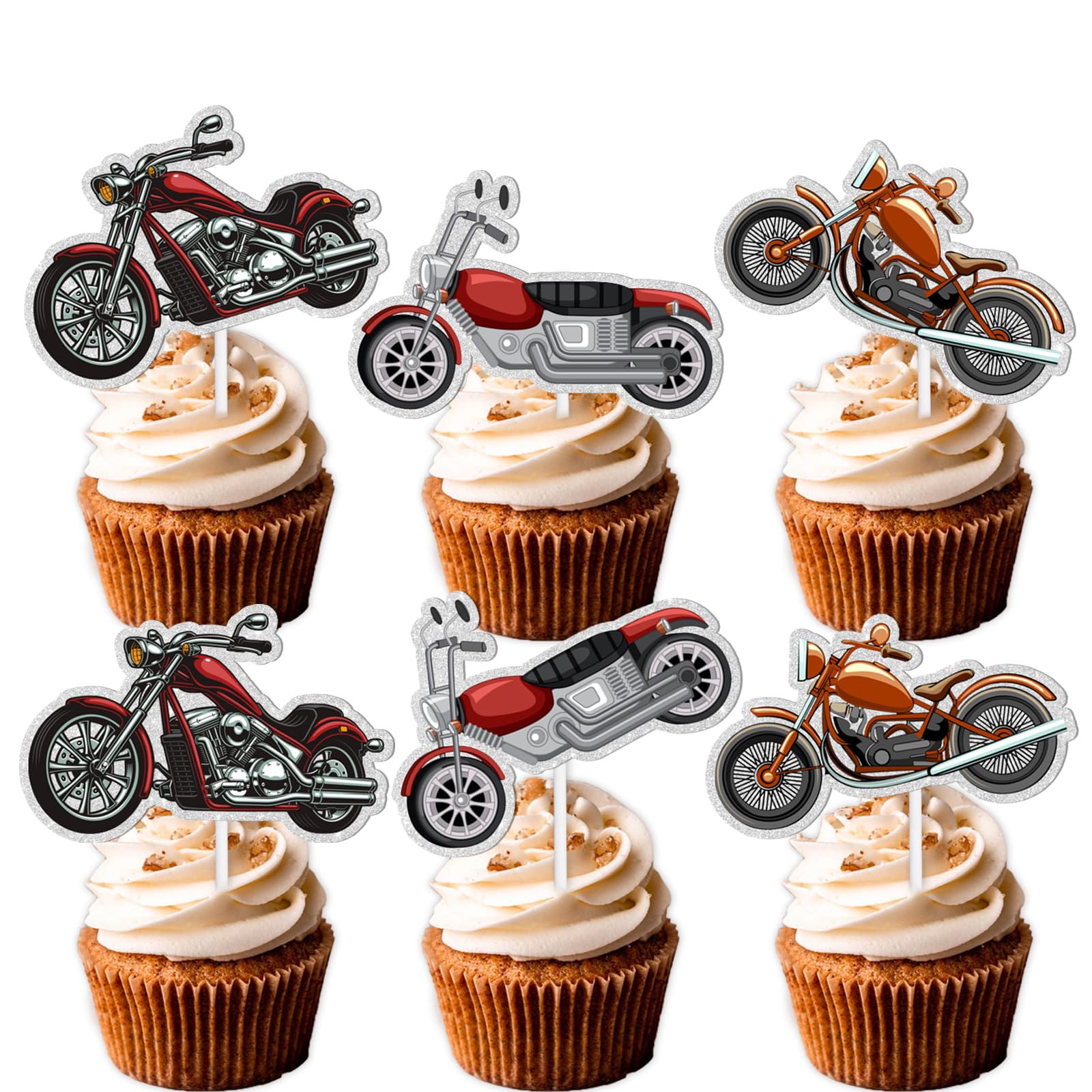 18pcs Motorcycle Red Glitter Dessert Cupcake Topper Rider Racing Sport Theme Decor Supplies Boy Man Happy Birthday Party Decorations