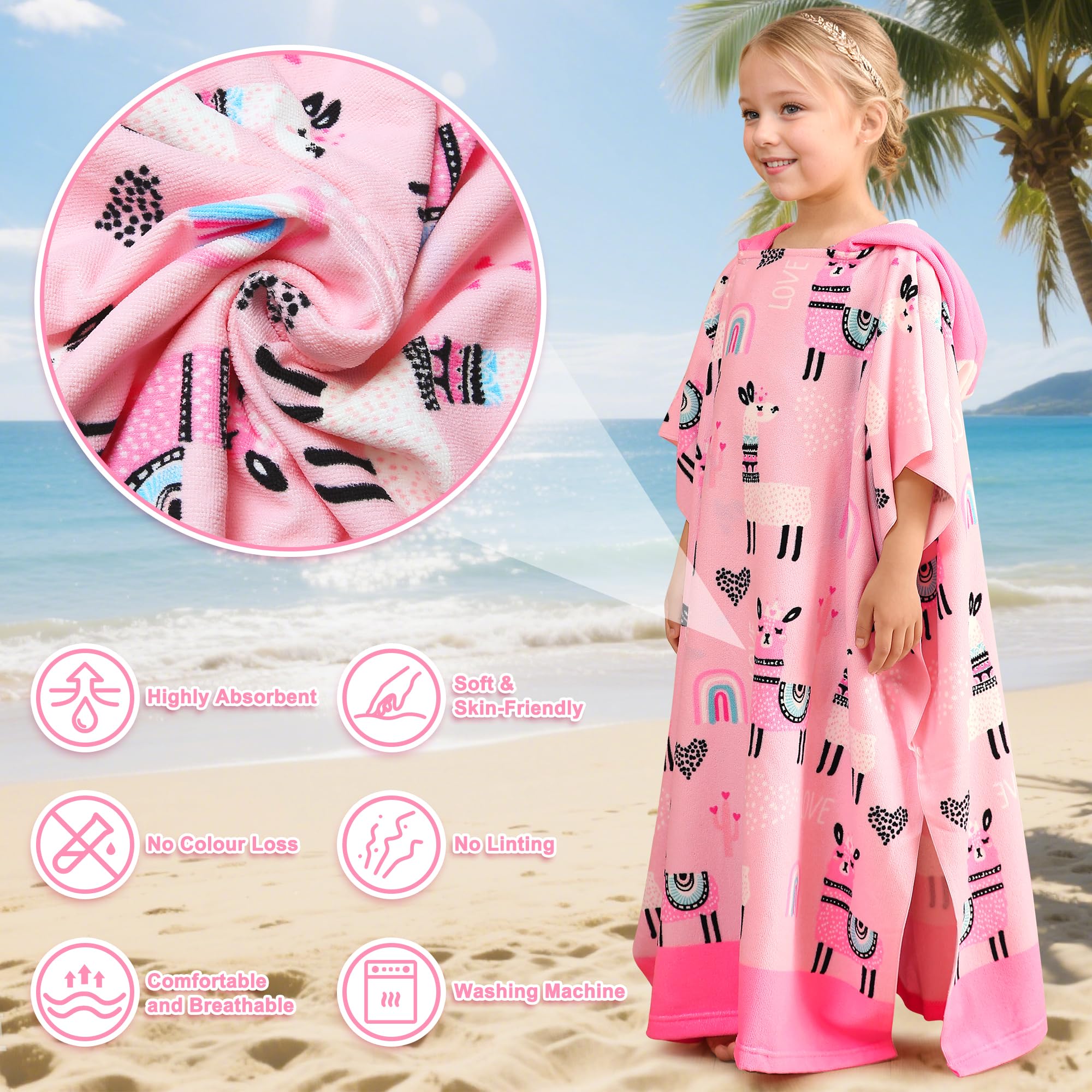 Badeponcho Kinder Mikrofaser Badetuch Strand Badehandtuch mit Kapuze Groß Handtuch Poncho Rosa Alpaka Drucken Lang Strandtuch 75*180cm Schwimmbad Weich Handtücher für 6-15 Jahre Jungen Mädchen