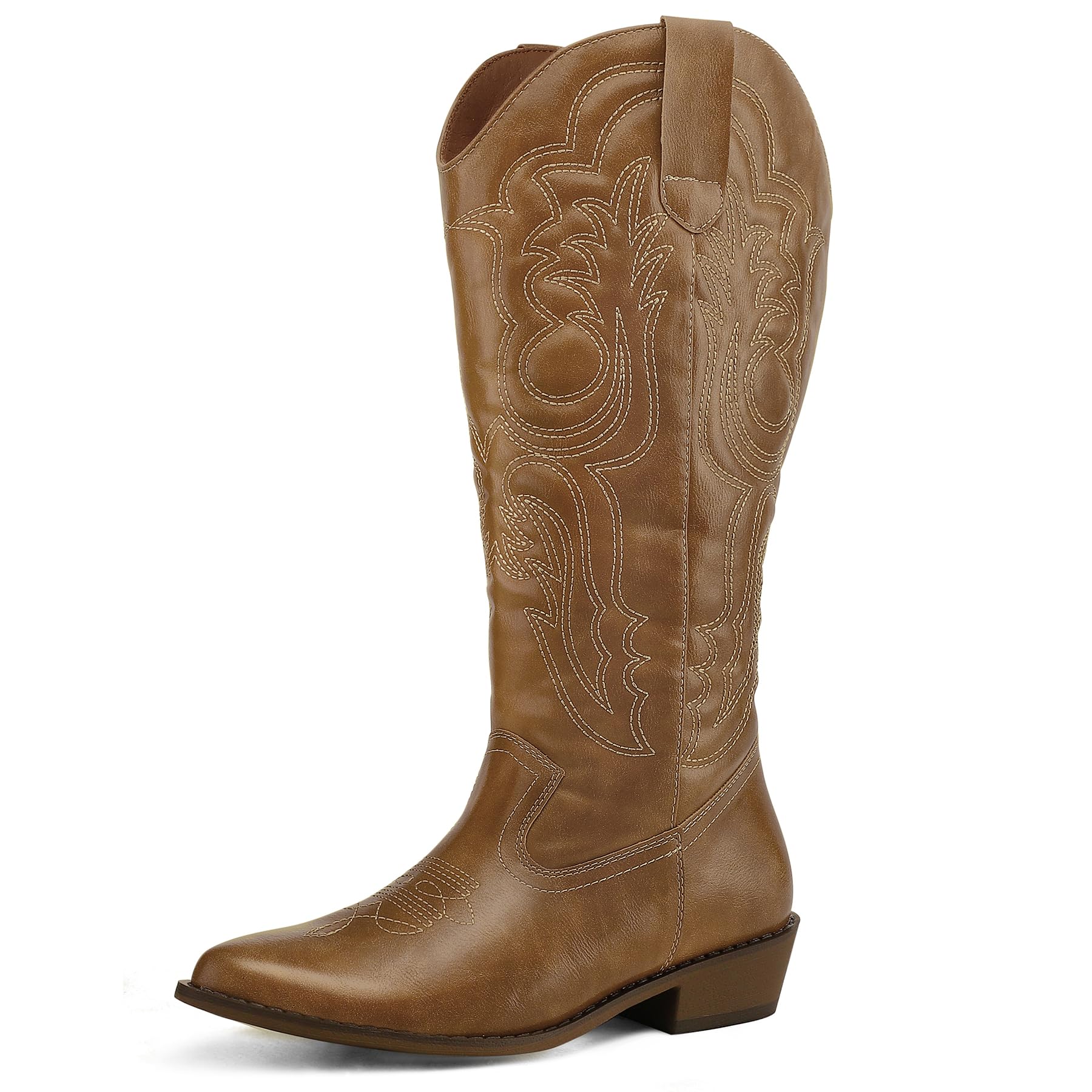 mysoft Women's Wide Calf Cowboy Boots Pull on Cowgirl Embroidered Mid Calf Pointed Toe Chunky Heel Western Boots