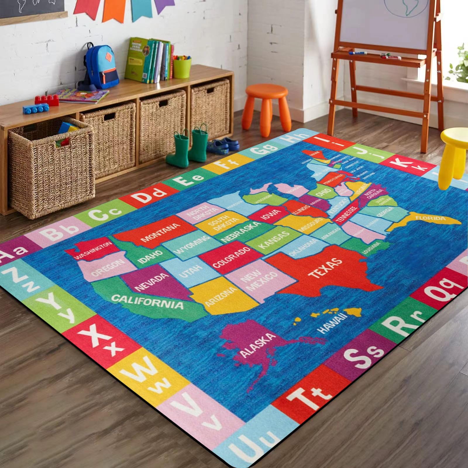 Bycmuoz Kids Educational Area Rug, 180x300cm, Colourful ABC Alphabet Map Puzzle Bedroom Carpet, Durable Non-Shedding Fade Resistant Foldable Playroom Rugs for Bedside Living Room