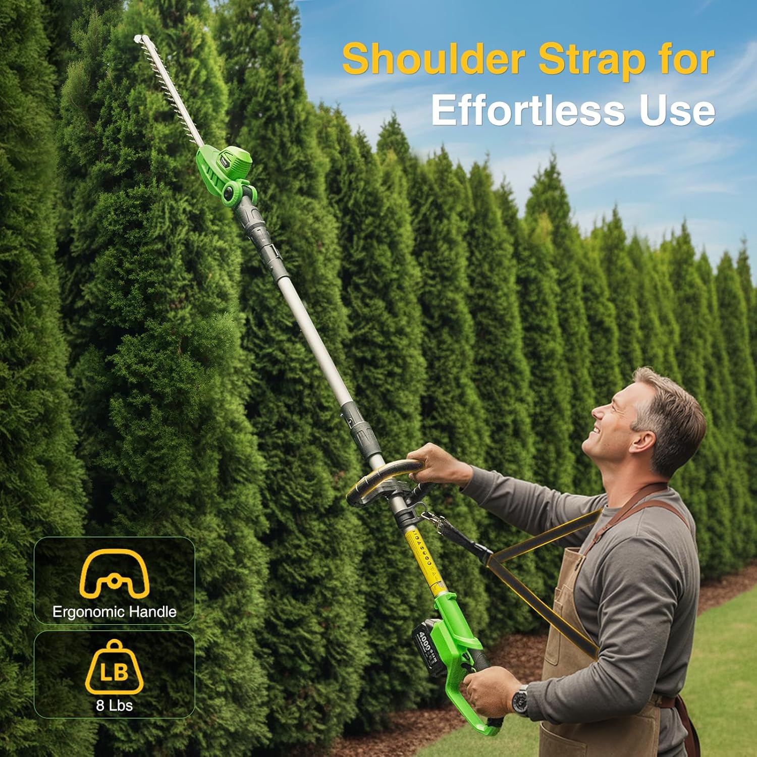 Cordless Pole Hedge Trimmer: 16" Electric Bush Trimmer Tool with 2 Pcs 4.0Ah Batteries - Dual-Action Blade, Telescopic Pole, Adjustable Rotating Head, Hedge Cutter for Tree Shrubs Trimming - Image 6