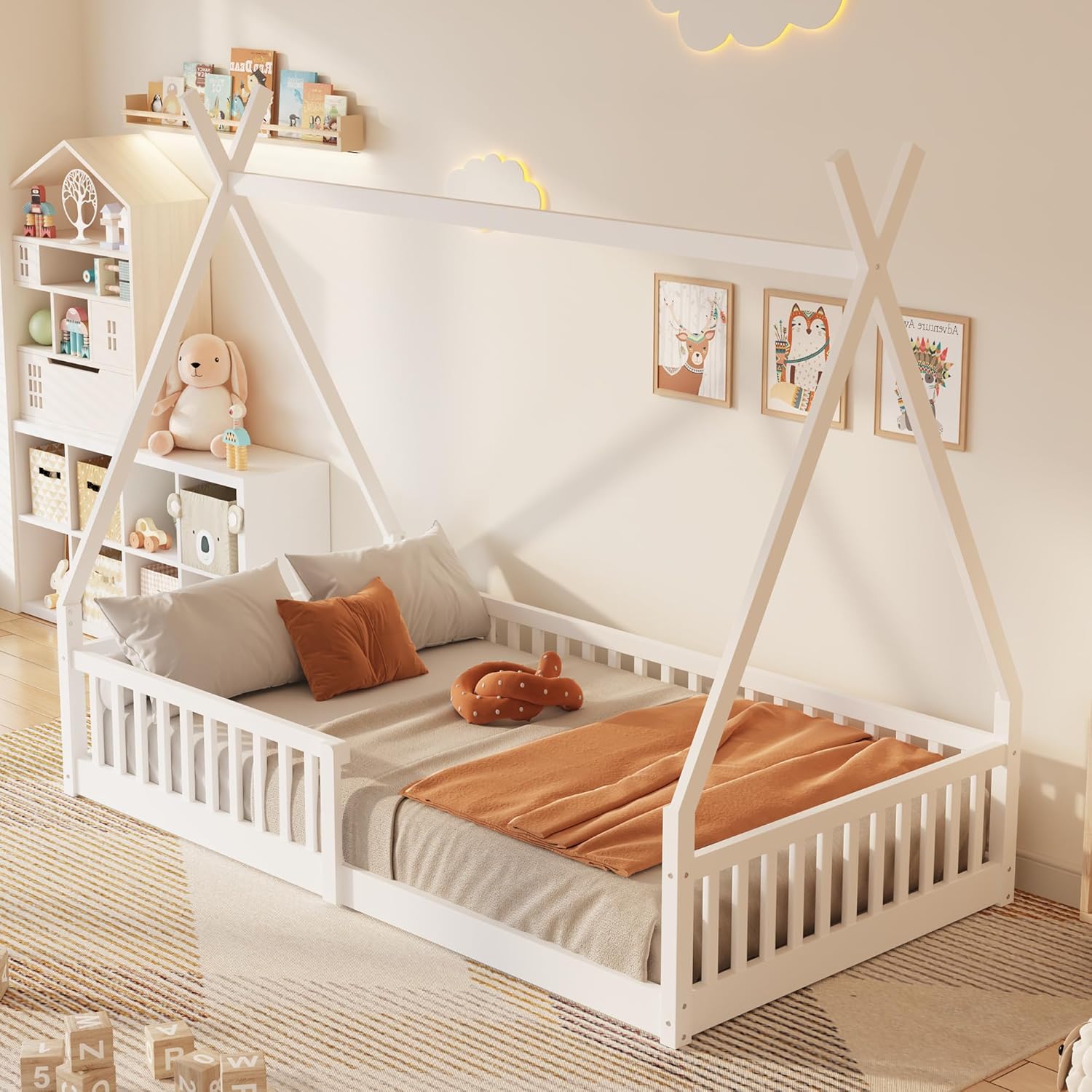 Bellemave Twin Size House Bed with Fence, Solid Pine Wood Montessori Bed with Slats, Tent-Shaped Bed Frame for Kids Boys Girls, White