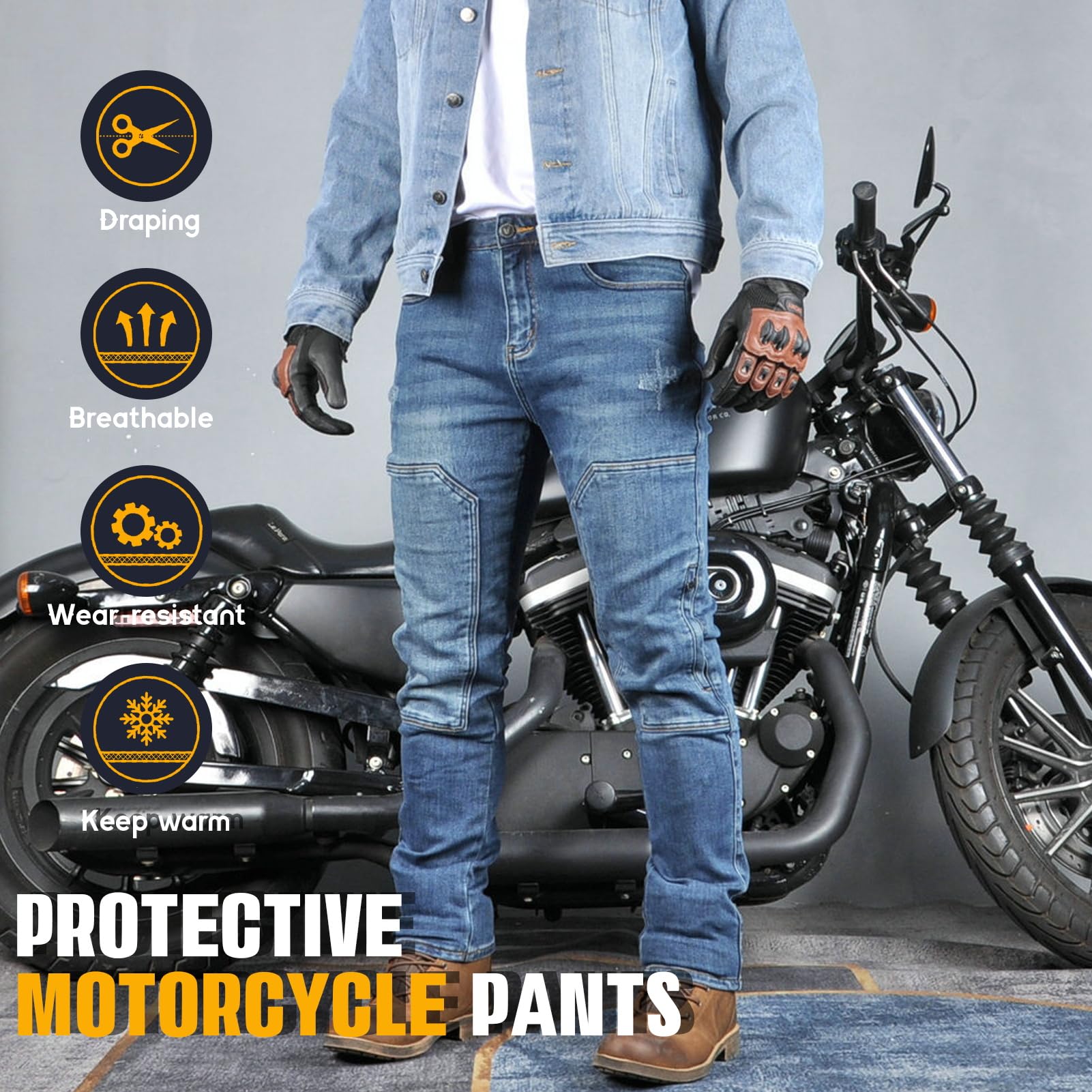 Hombre Pantalones Vaqueros Moto Pantalones Motociclismo, Pantalones Deportivos De Moto, Transpirables, Resistentes Al Desgaste, Con 4 Almohadillas Protectoras (Azul,M)