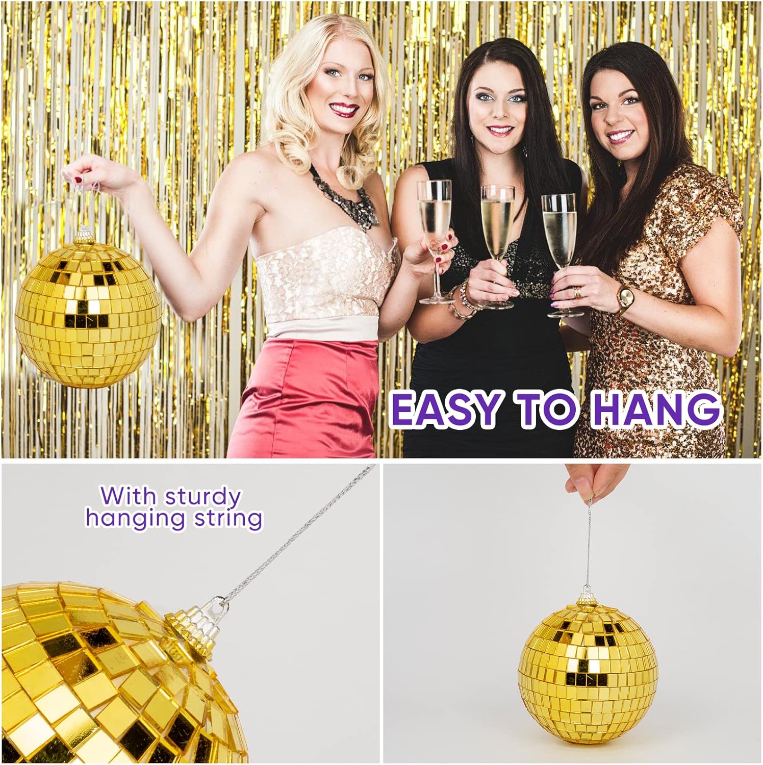 32 Pack Mini Disco Balls Decorations Different Sizes Mirror Ball with Hanging String Small Disco Ball Ornament for Disco Theme Party Cake Topper DJ Club Christmas Wedding Home Decor (Gold)