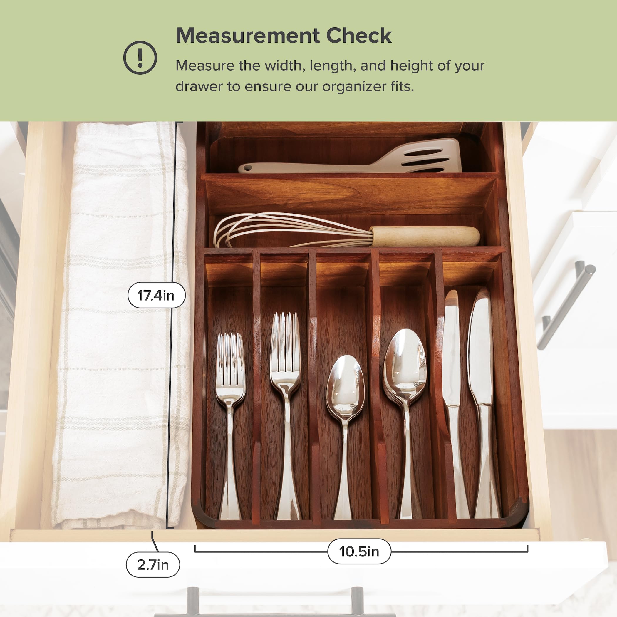 Organizador de cubiertos, cubiertos y utensilios para cajones de cocina, fijo de 10.5 pulgadas de ancho, 7 compartimentos de almacenamiento, pies antideslizantes, esquinas redondeadas, 3