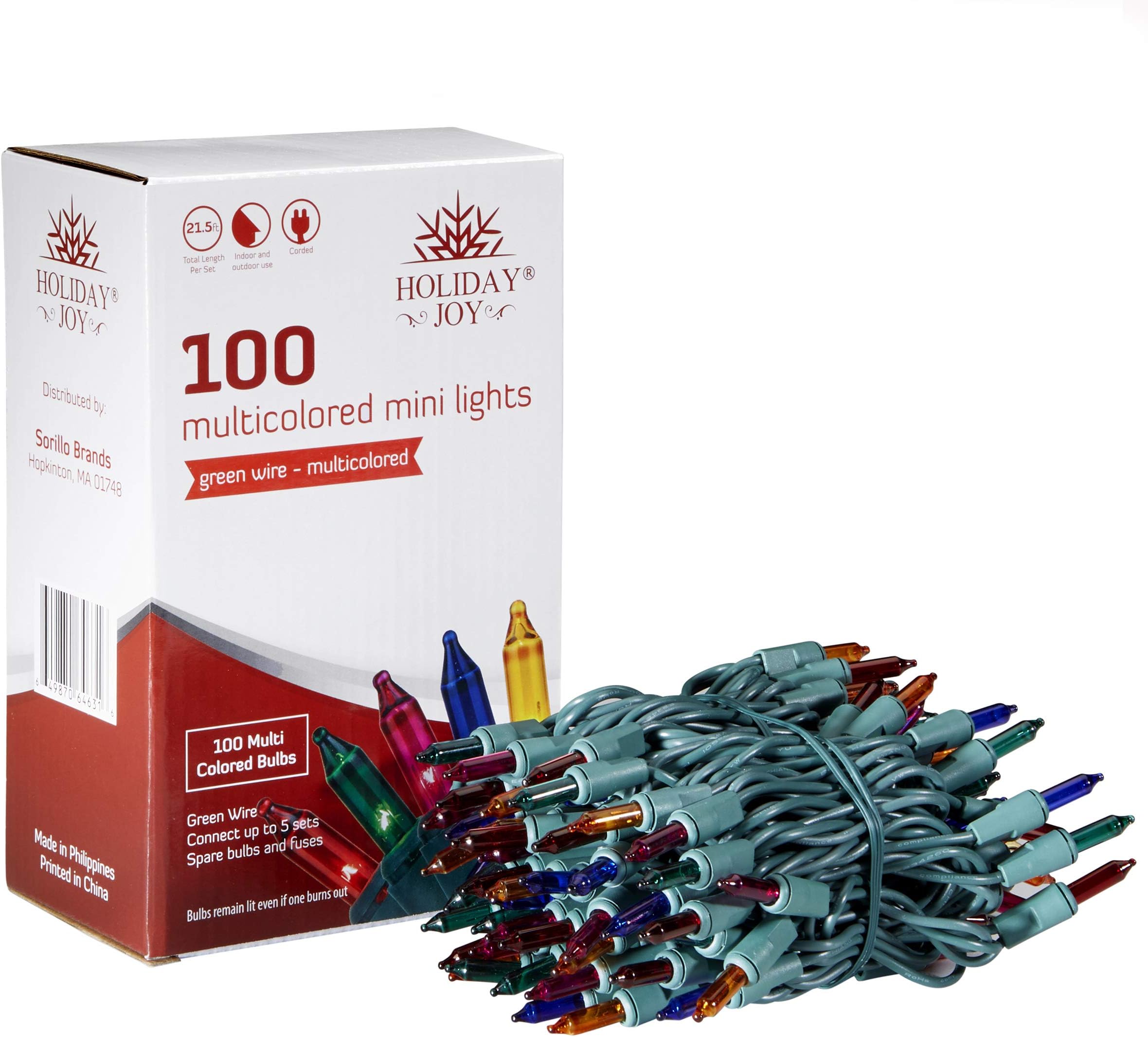 100 Multi Colored Mini String Christmas Lights on Green Wire for Christmas Tree Lights and Decorations - Indoor and Outdoor