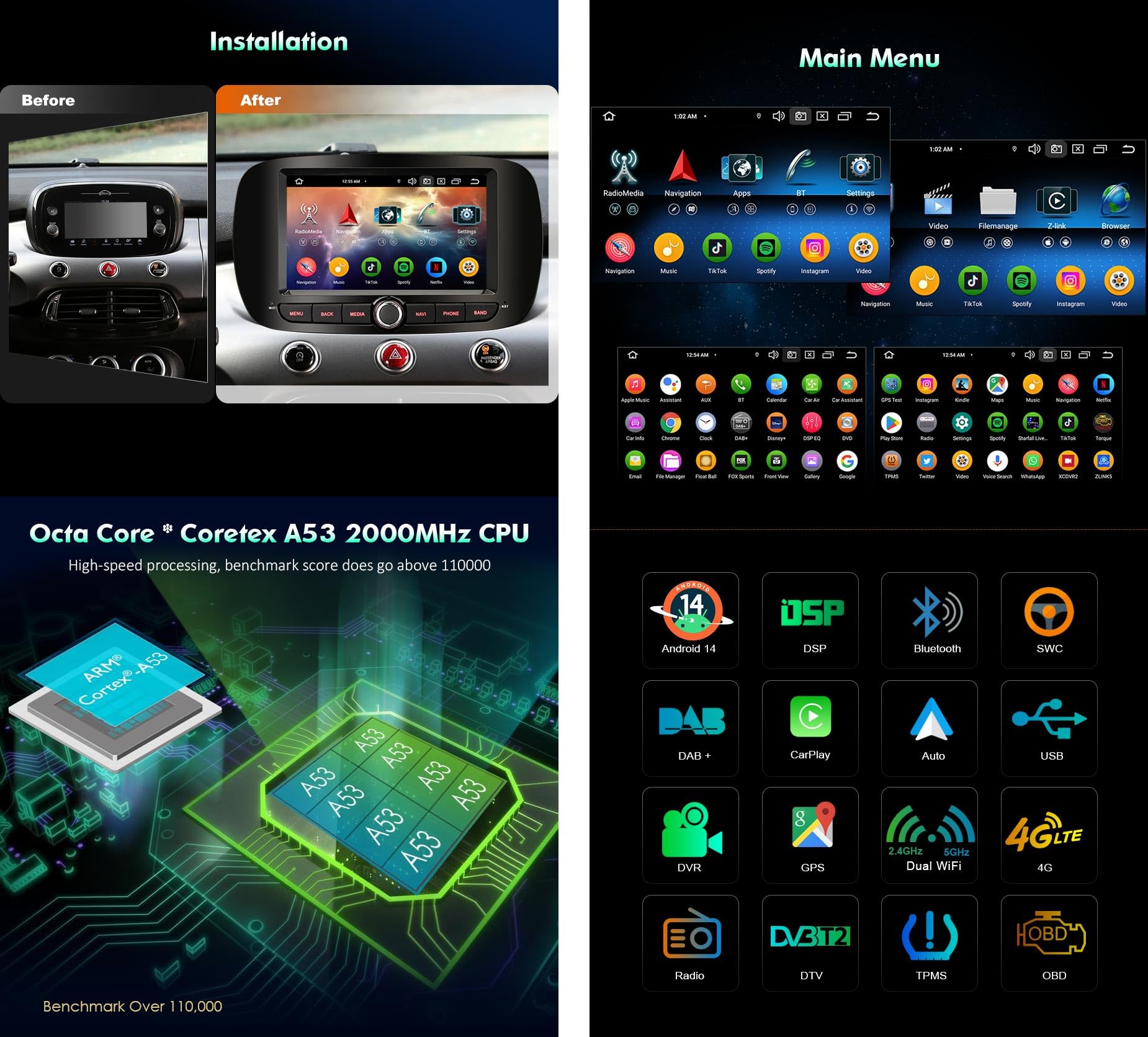 erisin 8 Core Android 14 4+64GB Autoradio GPS Navigatore per Fiat 500X Supporto Senza fili Carplay Android Auto DSP IPS Bluetooth 5.0 Dual Band Wifi DAB+ DVB-T2 Canbus SWC Radio