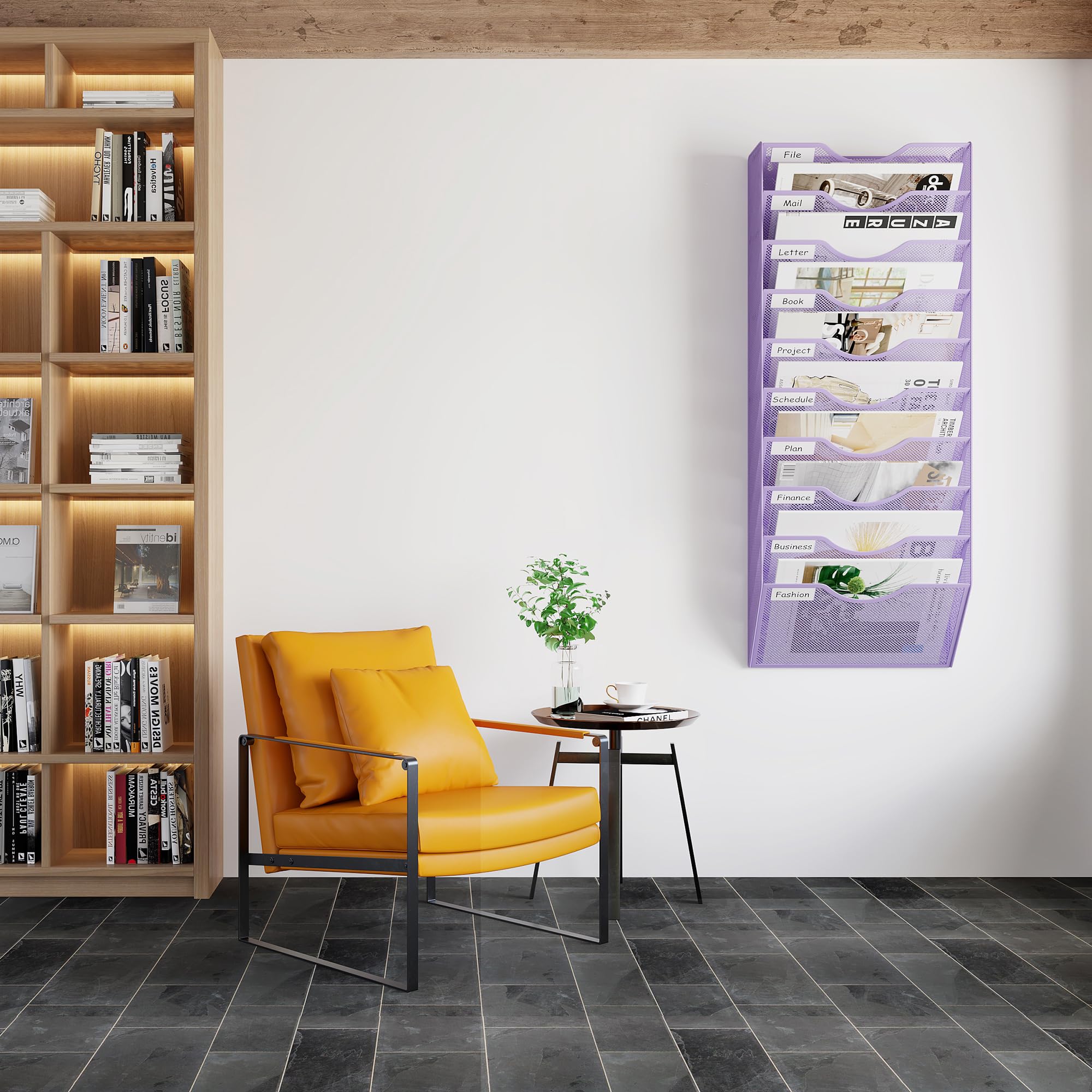 EasyPAG Ordner für Büro, 10 Fächer, Wandhalter, Zeitschriftenhalter, mit 5 Schlüsselhalter-Haken, silberfarben