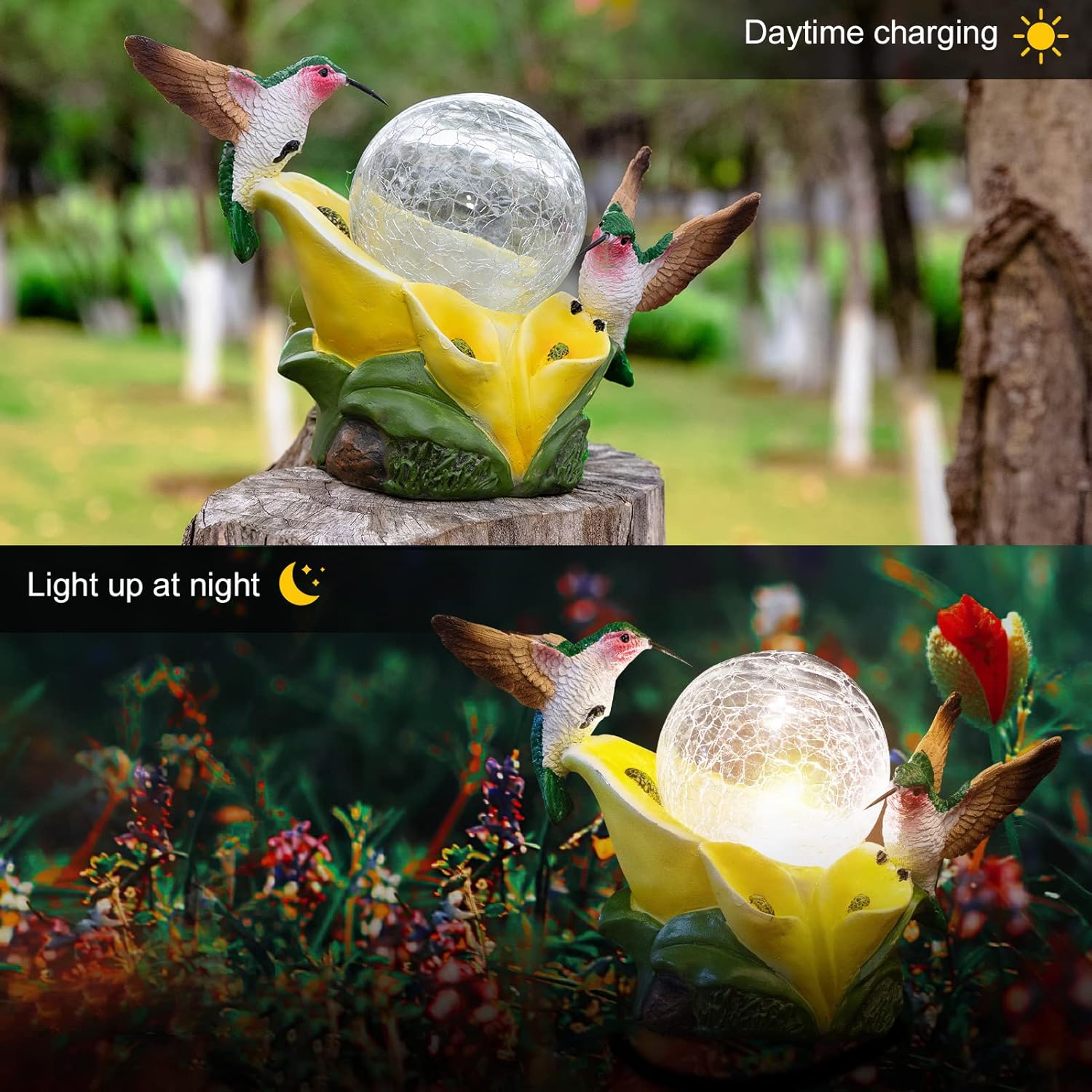 Solar Garden Statue Hummingbird Figurine - Hummingbird Flower Carry Magic Orb Solar LED Lights for Outdoor Statue Decoration for Patio, Balcony, Yard, Lawn Ornament