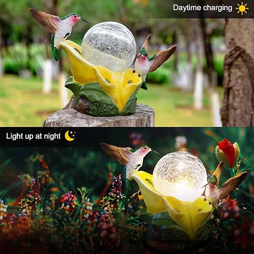 Miniatura 4 de Estatua solar de colibrí de jardín, flor de colibrí, luces LED solares de orbe mágico para decoración de estatua al aire libre para patio, balcón,