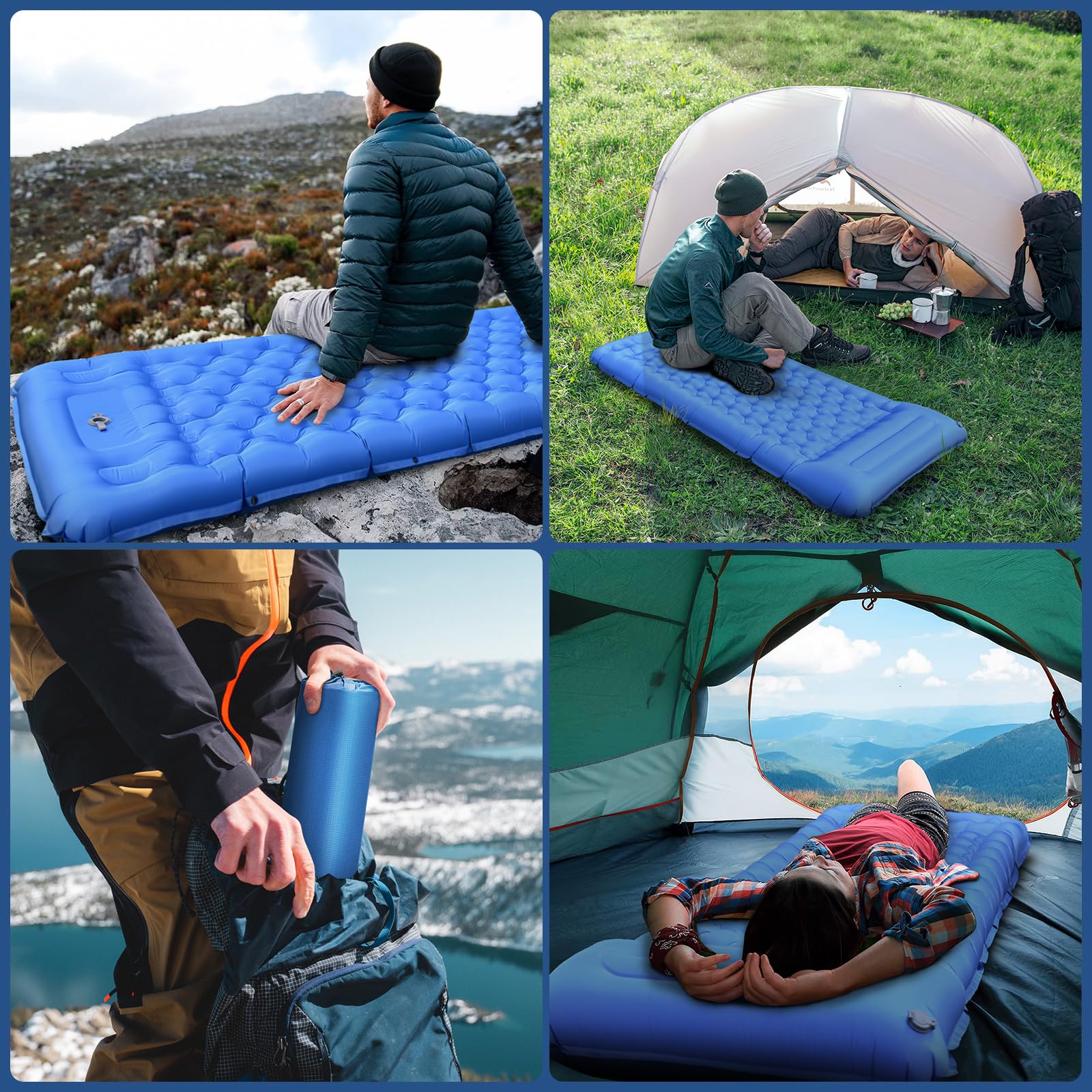 NAPASA Isomatte Camping, 14CM Verdicktes Aufblasbare Matratze mit Eingebauter Fußpresse Pumpe & Kissen, Wasserdicht, Anti-Ripstop Schlafmatte für Wandern, Strand, Reisen, Zelt(Blau)