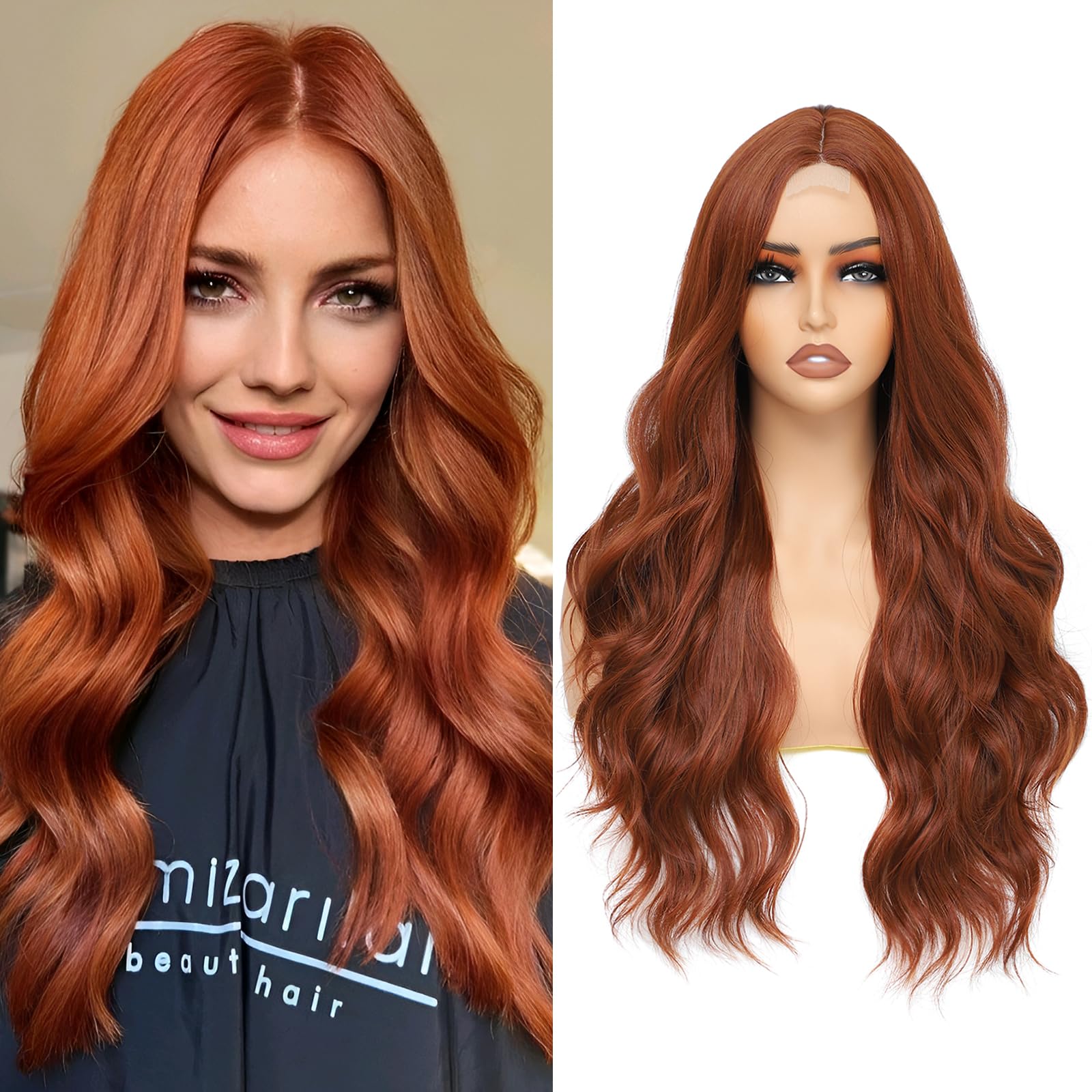 Auburn Wigs For Women 26 Inch Middle Part Long Wavy Lace Synthetic Wig Heat Resistant Upgraded Protein Fiber Copper Wig For Daily Use Party/Cosplay(Auburn)